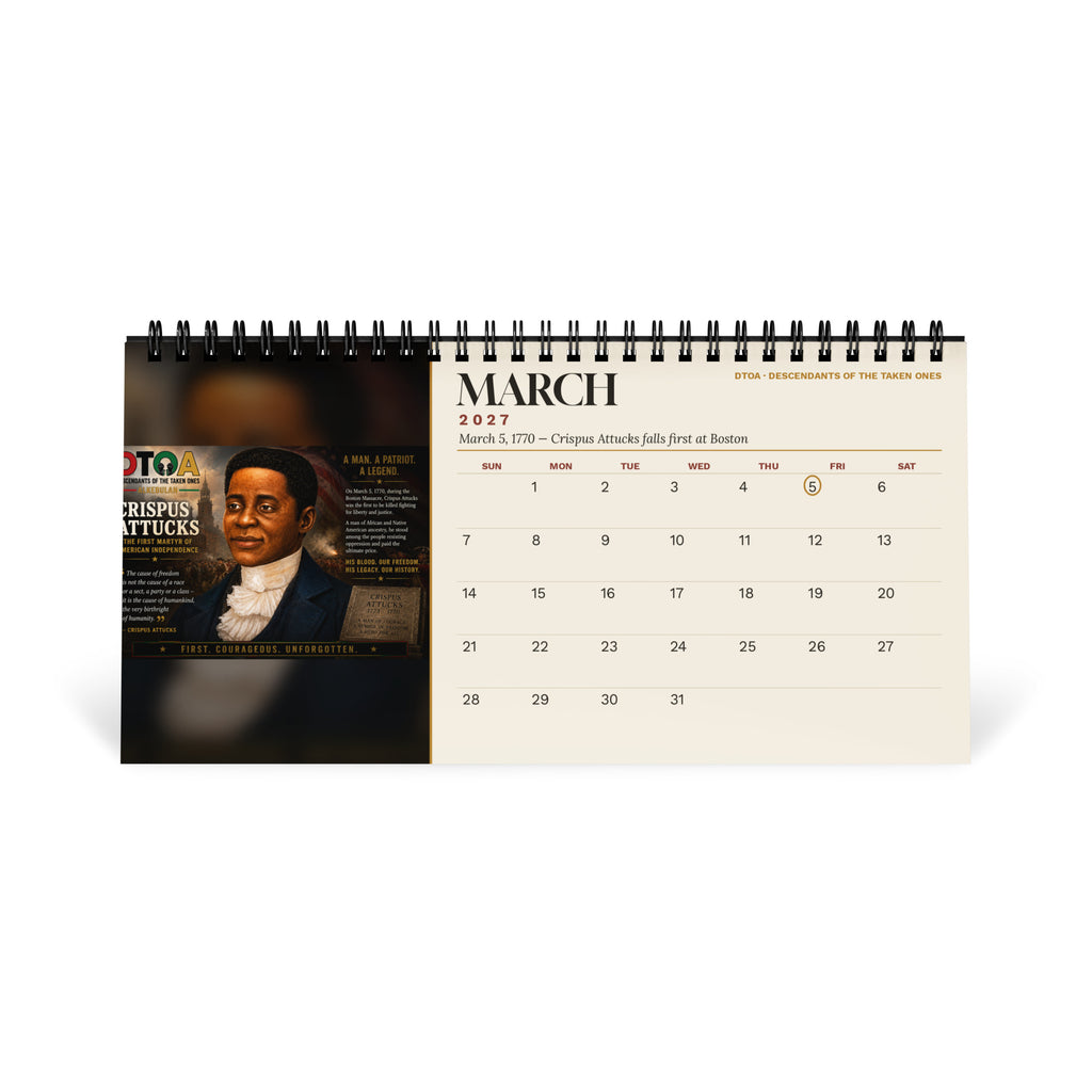 American Legends 2027 Black History desktop calendar — March page featuring Crispus Attucks, first martyr of American independence