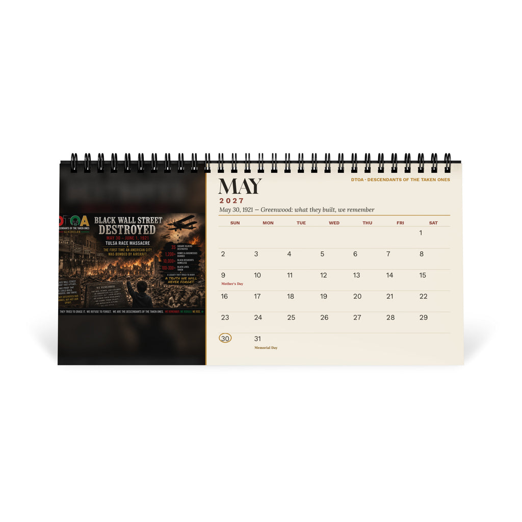 American Legends 2027 Black History desktop calendar — May page remembering Black Wall Street in Tulsa's Greenwood District
