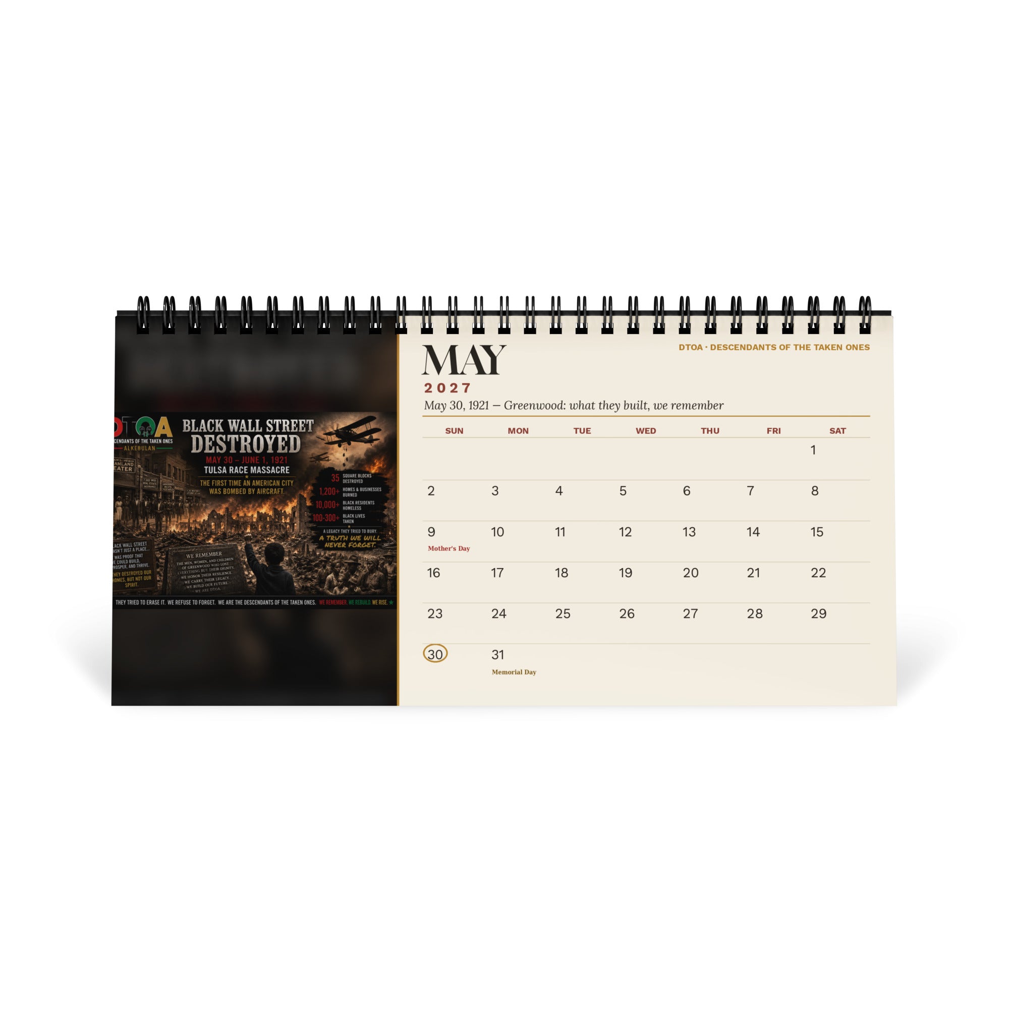 American Legends 2027 Black History desktop calendar — May page remembering Black Wall Street in Tulsa's Greenwood District