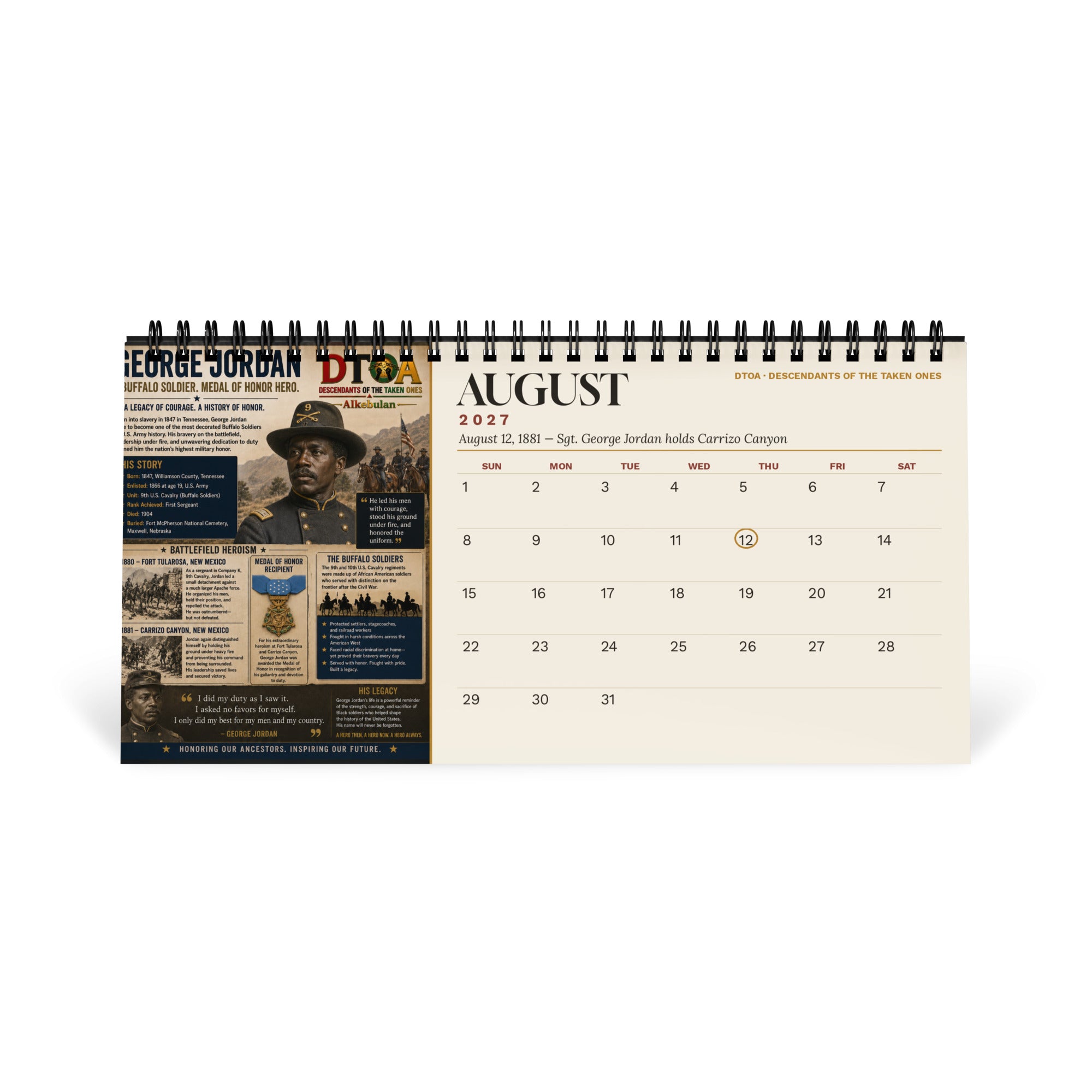American Legends 2027 Black History desktop calendar — August page featuring Sgt. George Jordan, Buffalo Soldier and Medal of Honor hero