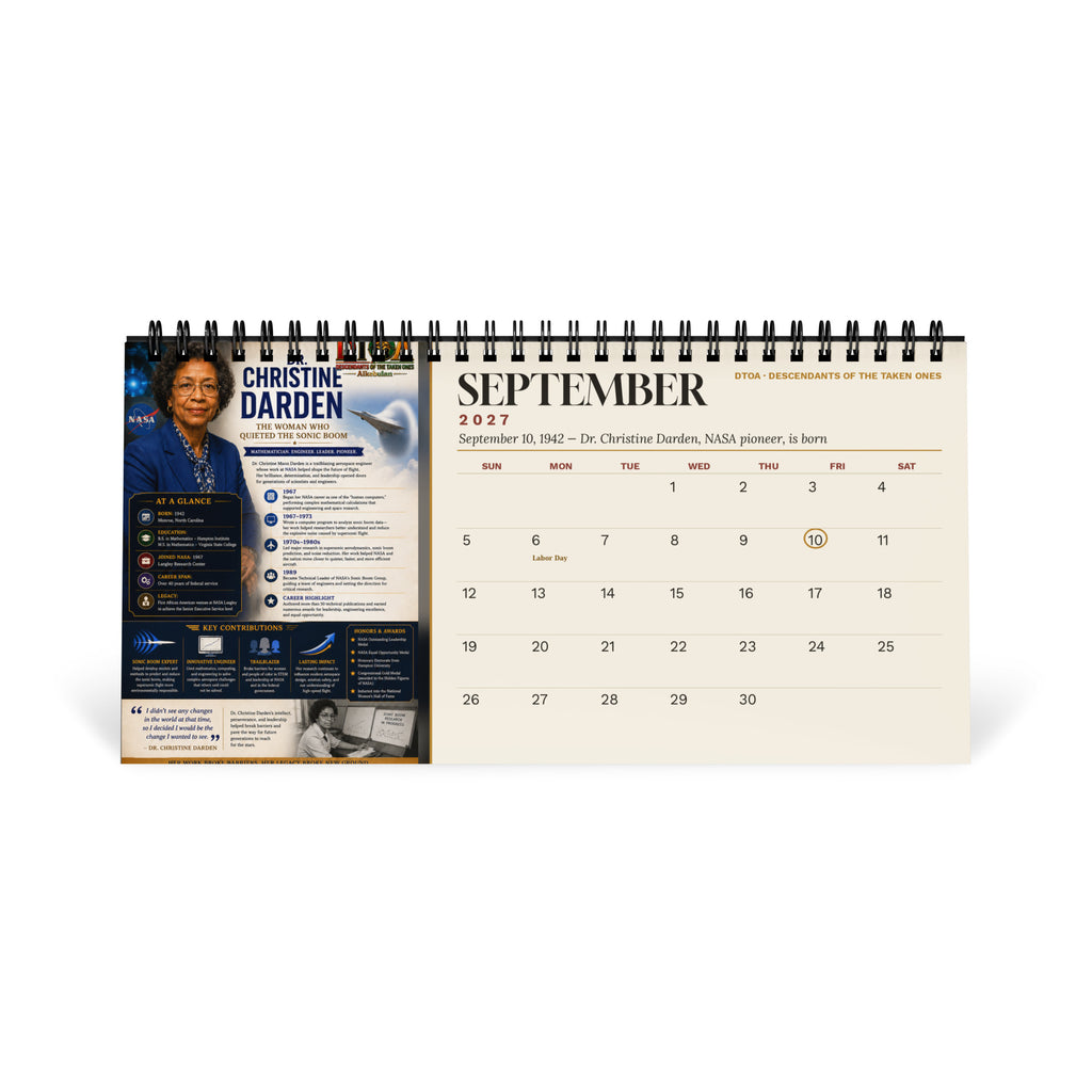 American Legends 2027 Black History desktop calendar — September page featuring Dr. Christine Darden, NASA aerospace pioneer