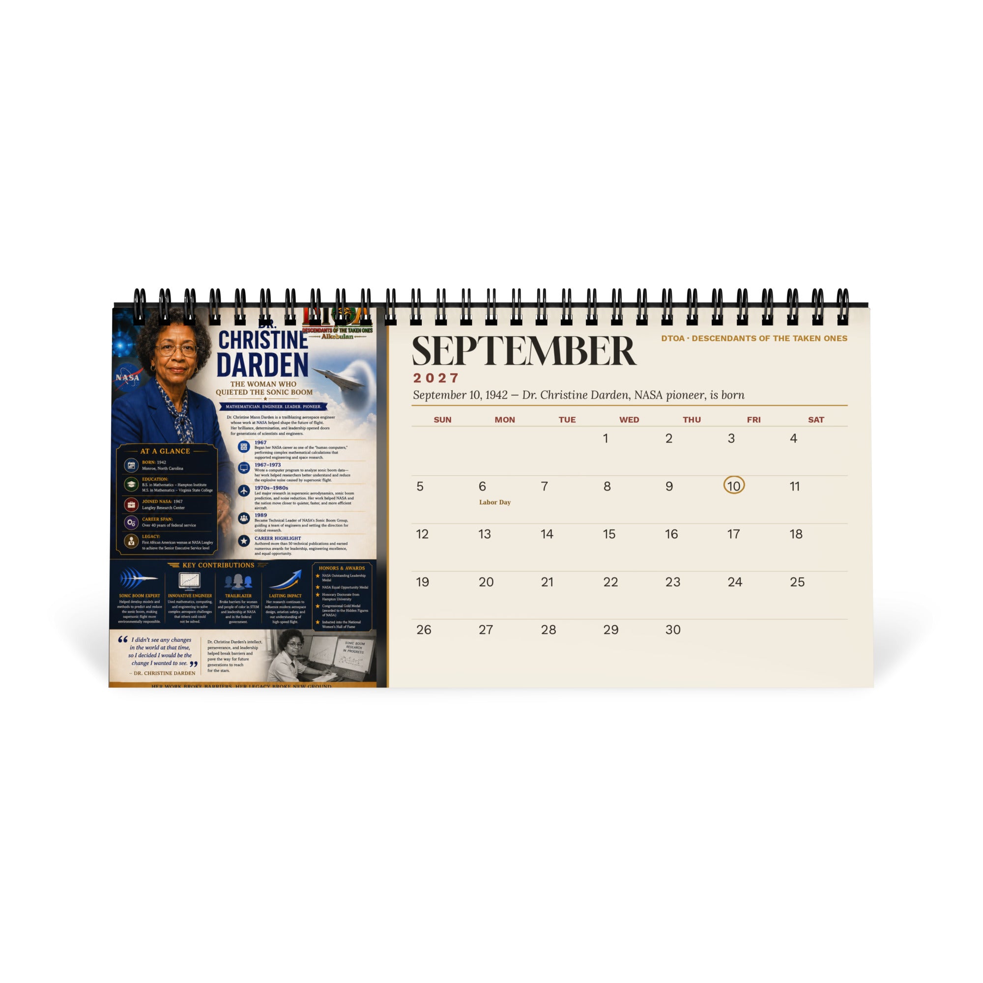 American Legends 2027 Black History desktop calendar — September page featuring Dr. Christine Darden, NASA aerospace pioneer