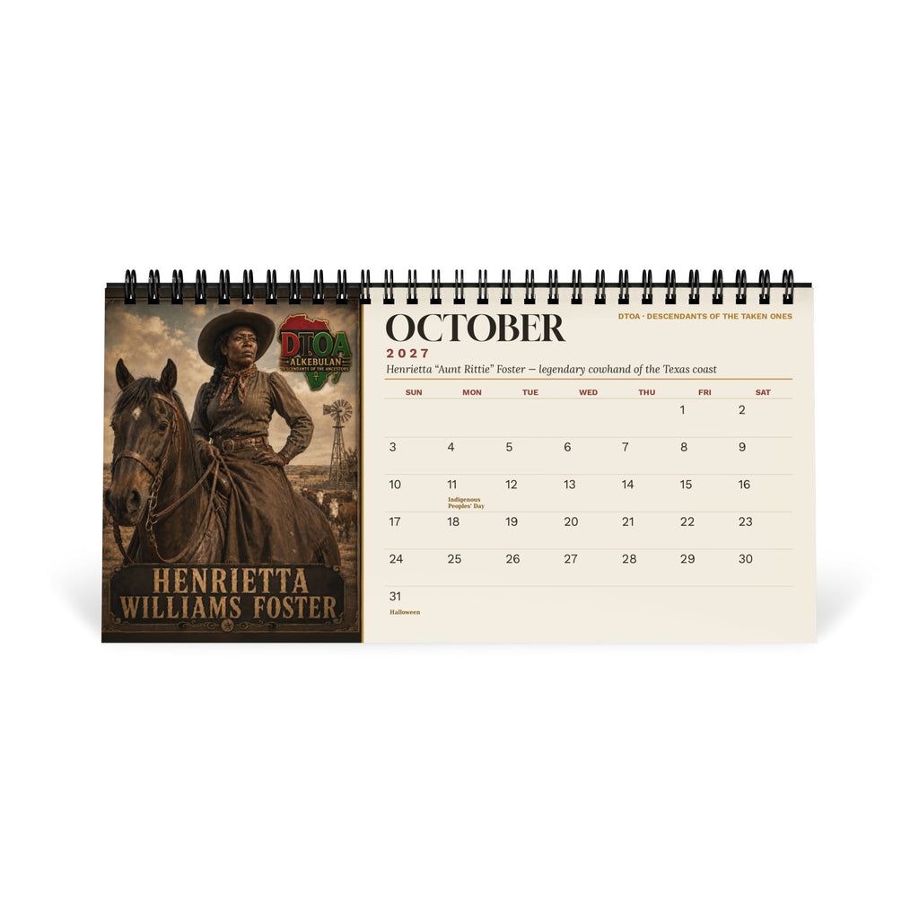 American Legends 2027 Black History desktop calendar — October page featuring Henrietta "Aunt Rittie" Williams Foster, legendary Texas cowhand
