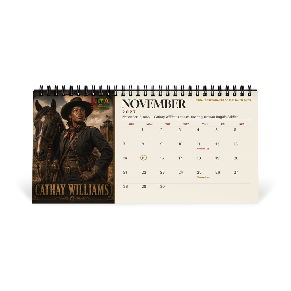American Legends 2027 Black History desktop calendar — November page featuring Cathay Williams, the only woman Buffalo Soldier