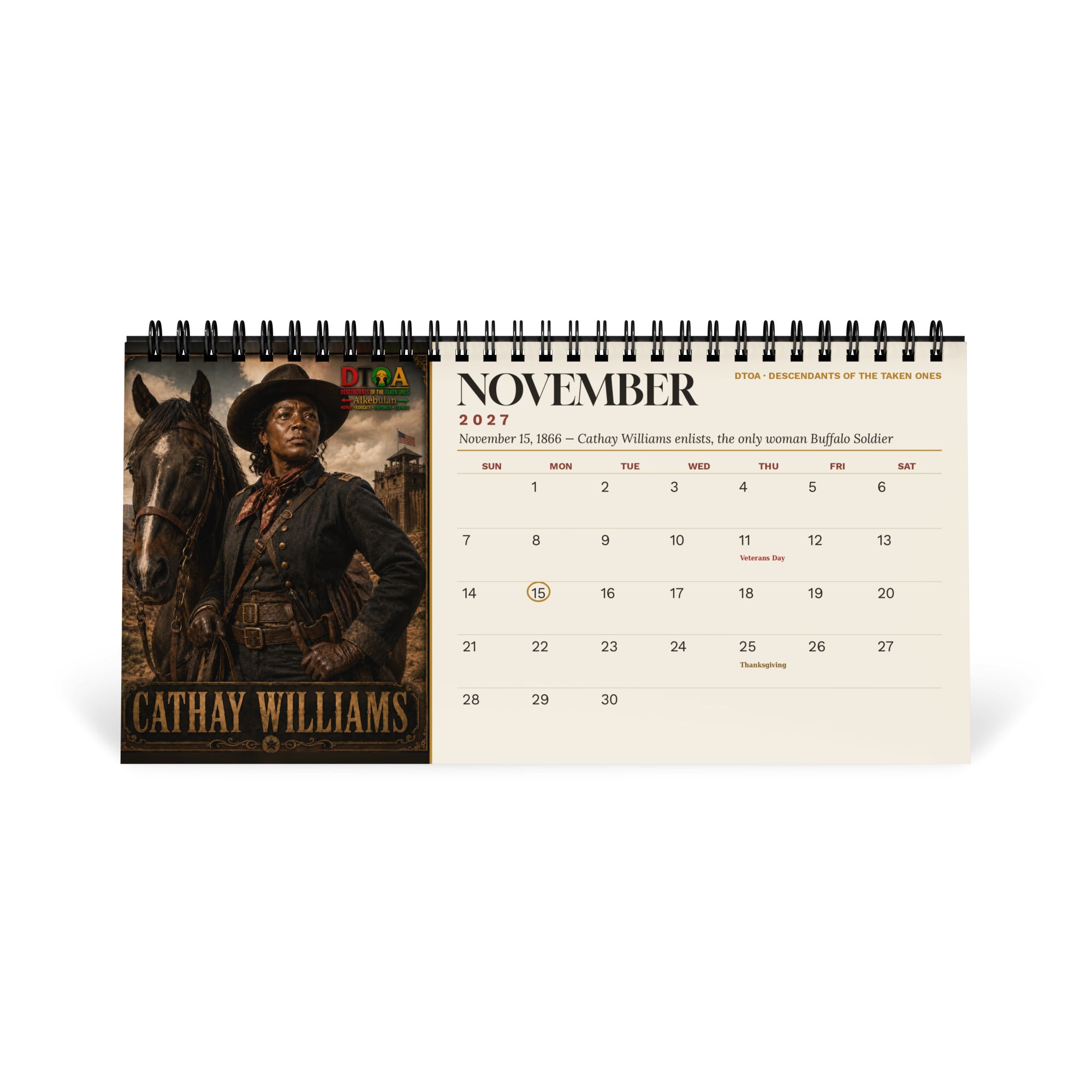 American Legends 2027 Black History desktop calendar — November page featuring Cathay Williams, the only woman Buffalo Soldier