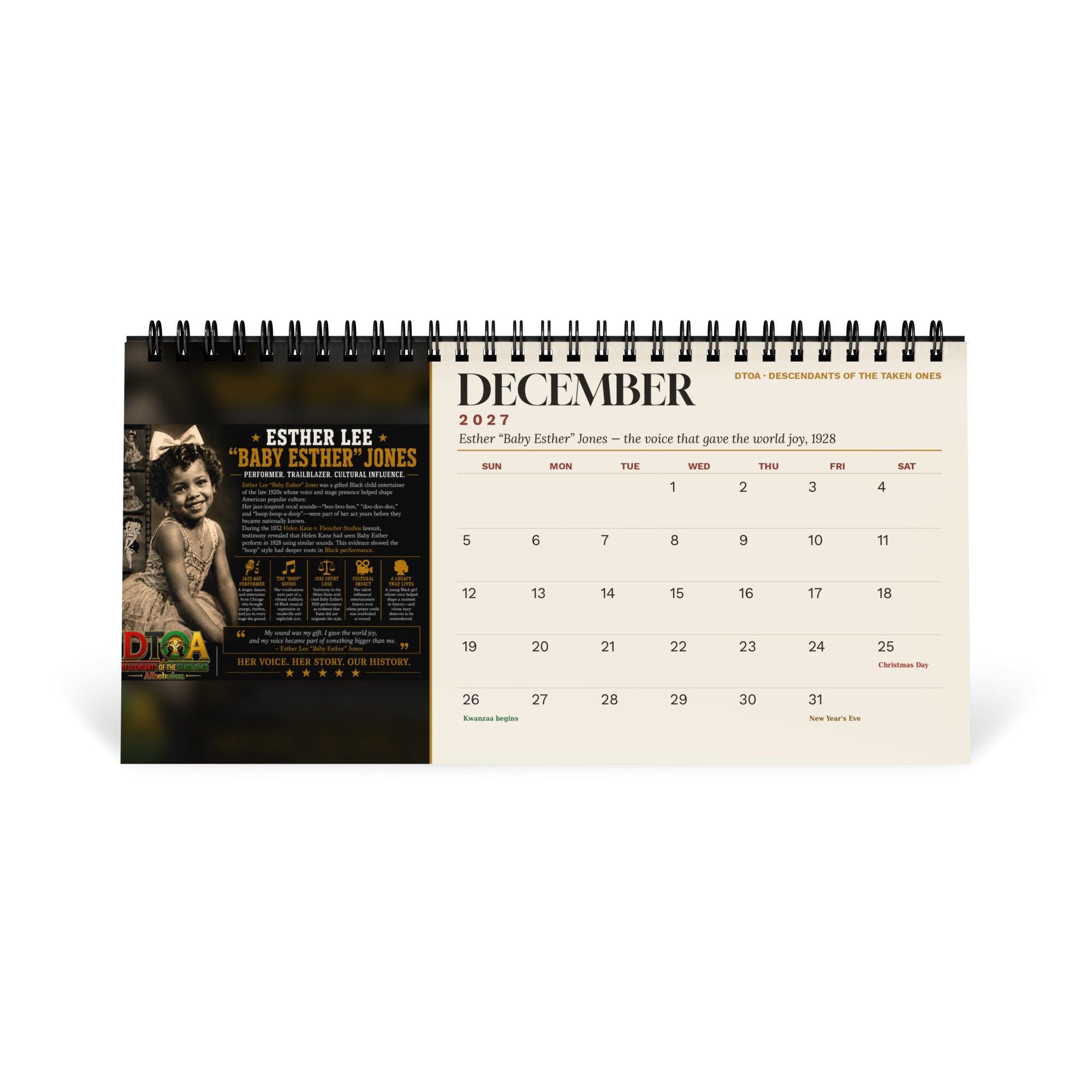 American Legends 2027 Black History desktop calendar — December page featuring Esther "Baby Esther" Jones, pioneering Black performer