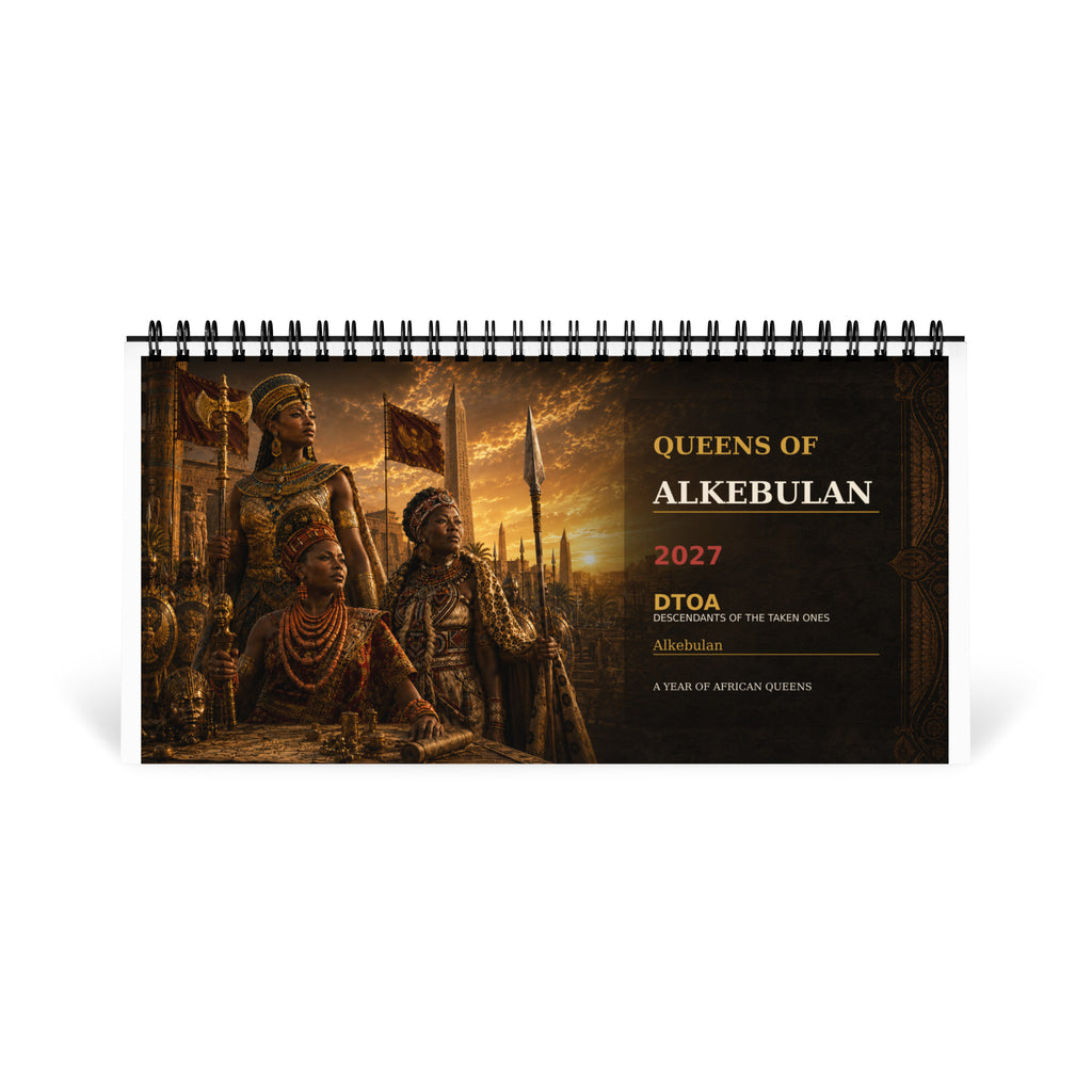 Queens of Alkebulan 2027 desktop calendar — front cover with three African queens in gold on black