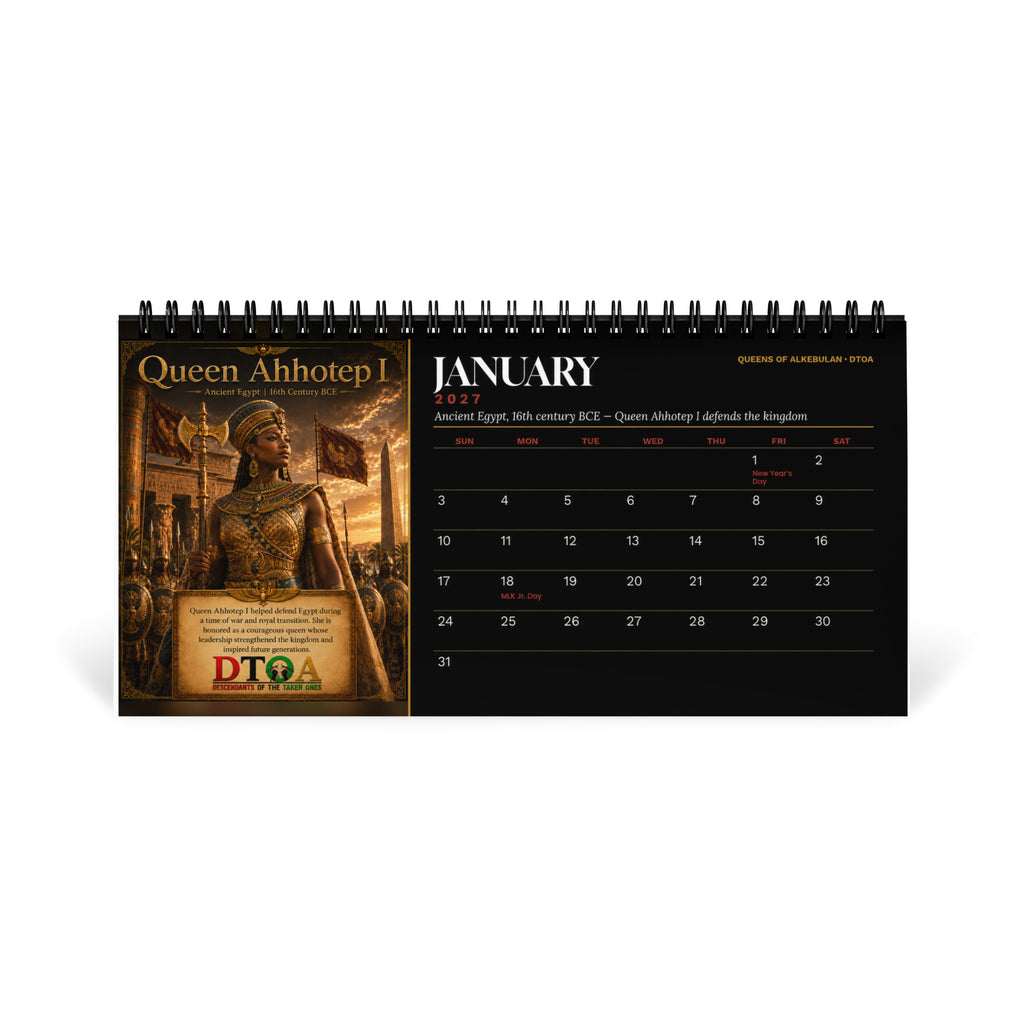 Queens of Alkebulan 2027 desktop calendar — January page featuring Queen Ahhotep I of Ancient Egypt