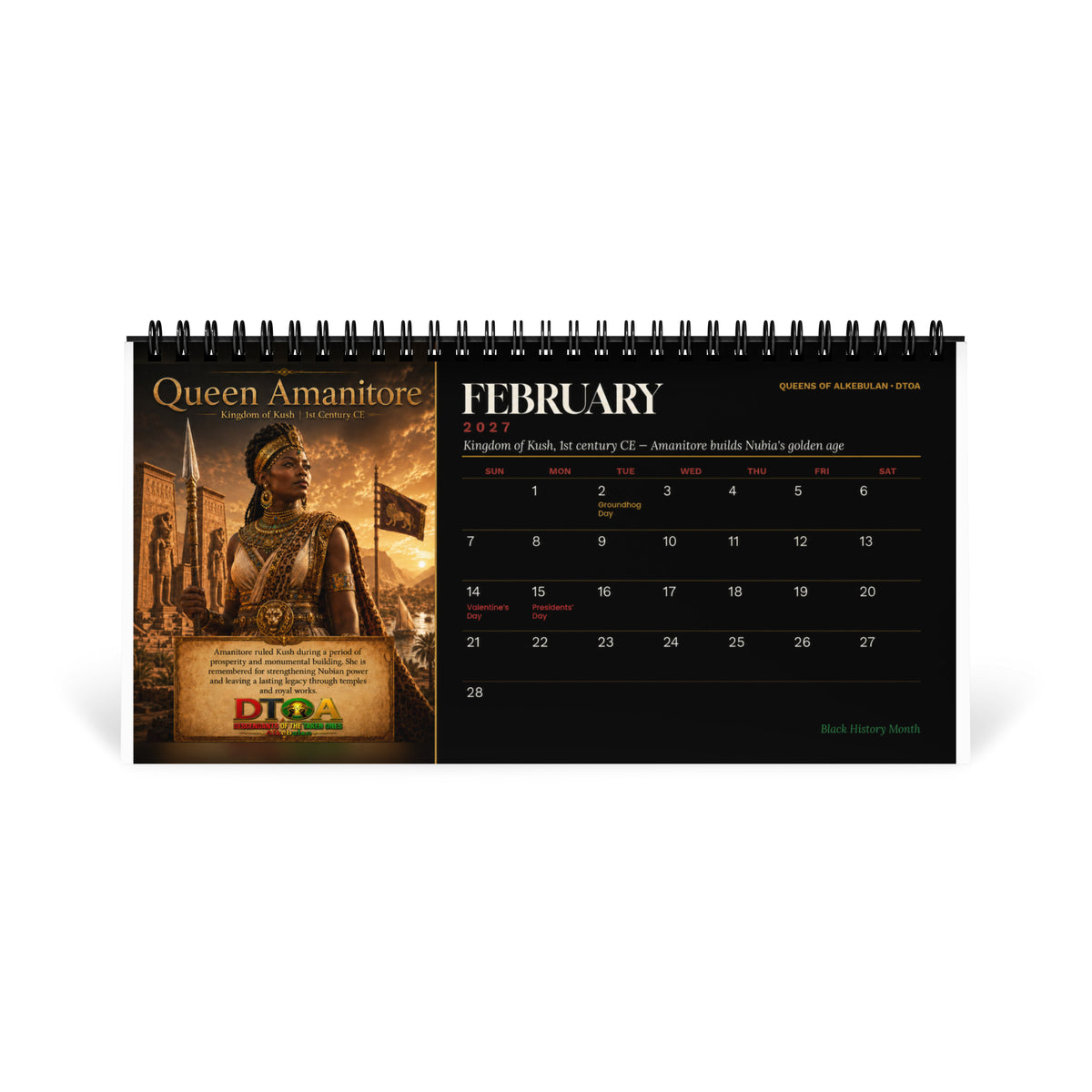 Queens of Alkebulan 2027 desktop calendar — February page featuring Queen Amanitore of the Kingdom of Kush