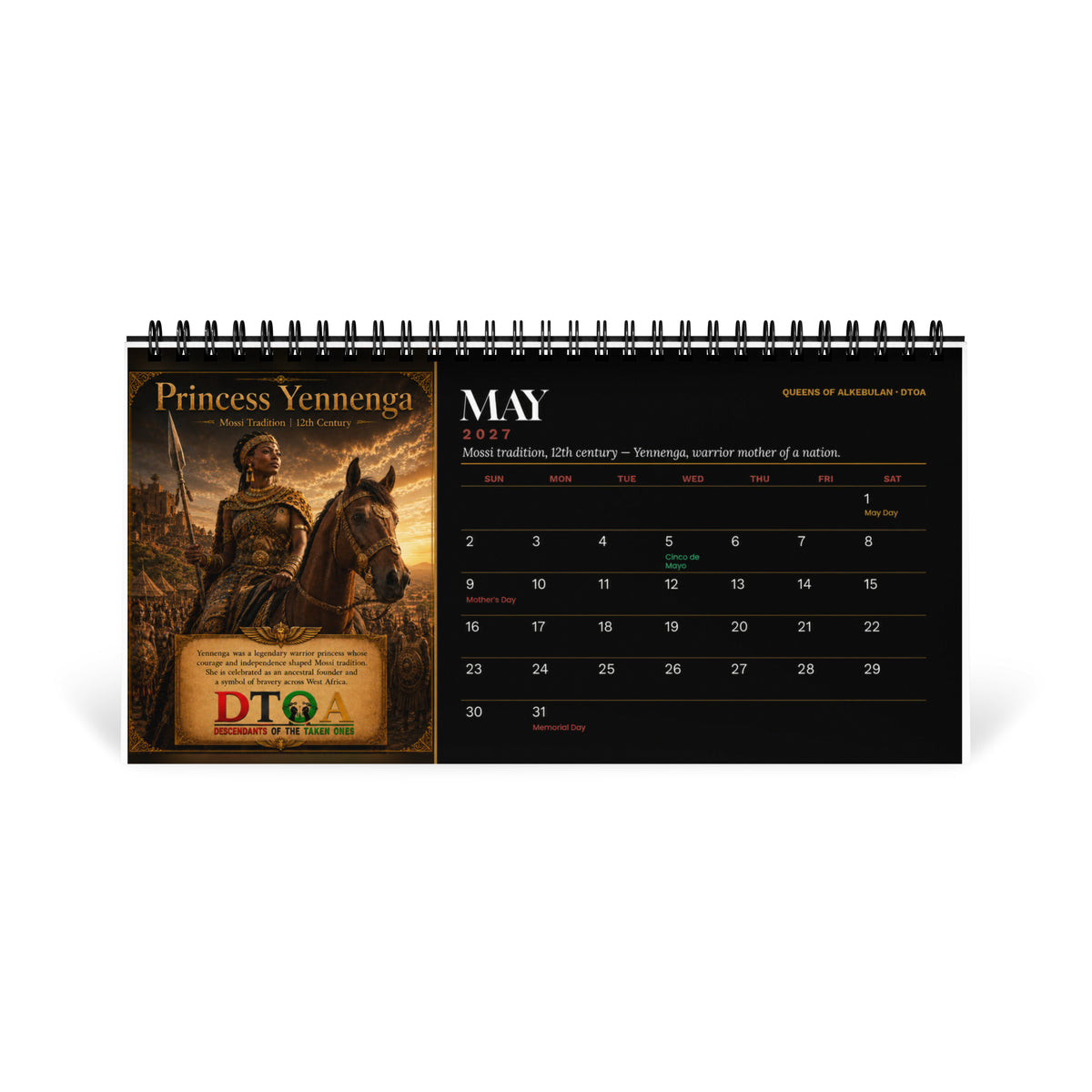 Queens of Alkebulan 2027 desktop calendar — May page featuring Princess Yennenga of Mossi tradition