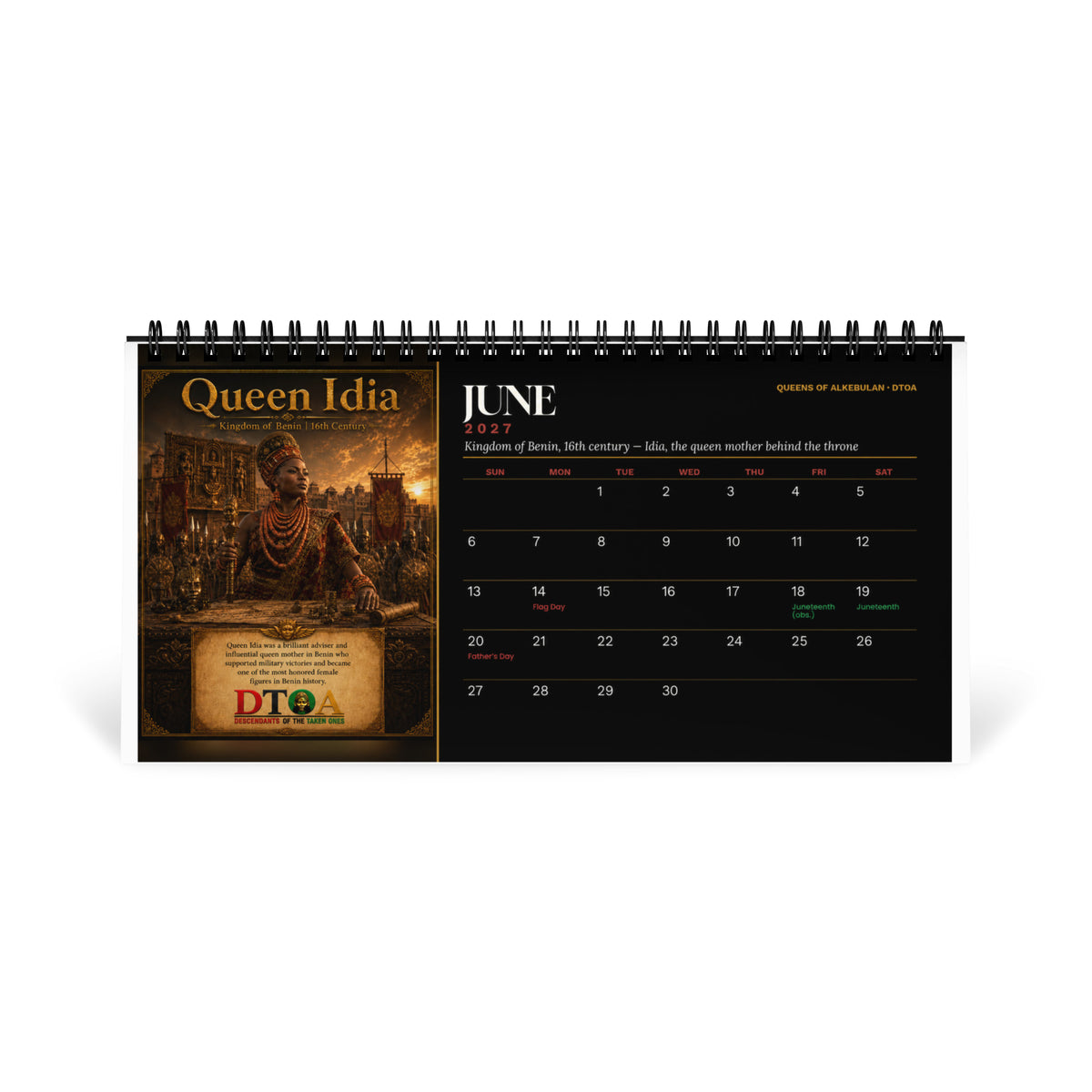 Queens of Alkebulan 2027 desktop calendar — June page featuring Queen Idia of the Kingdom of Benin