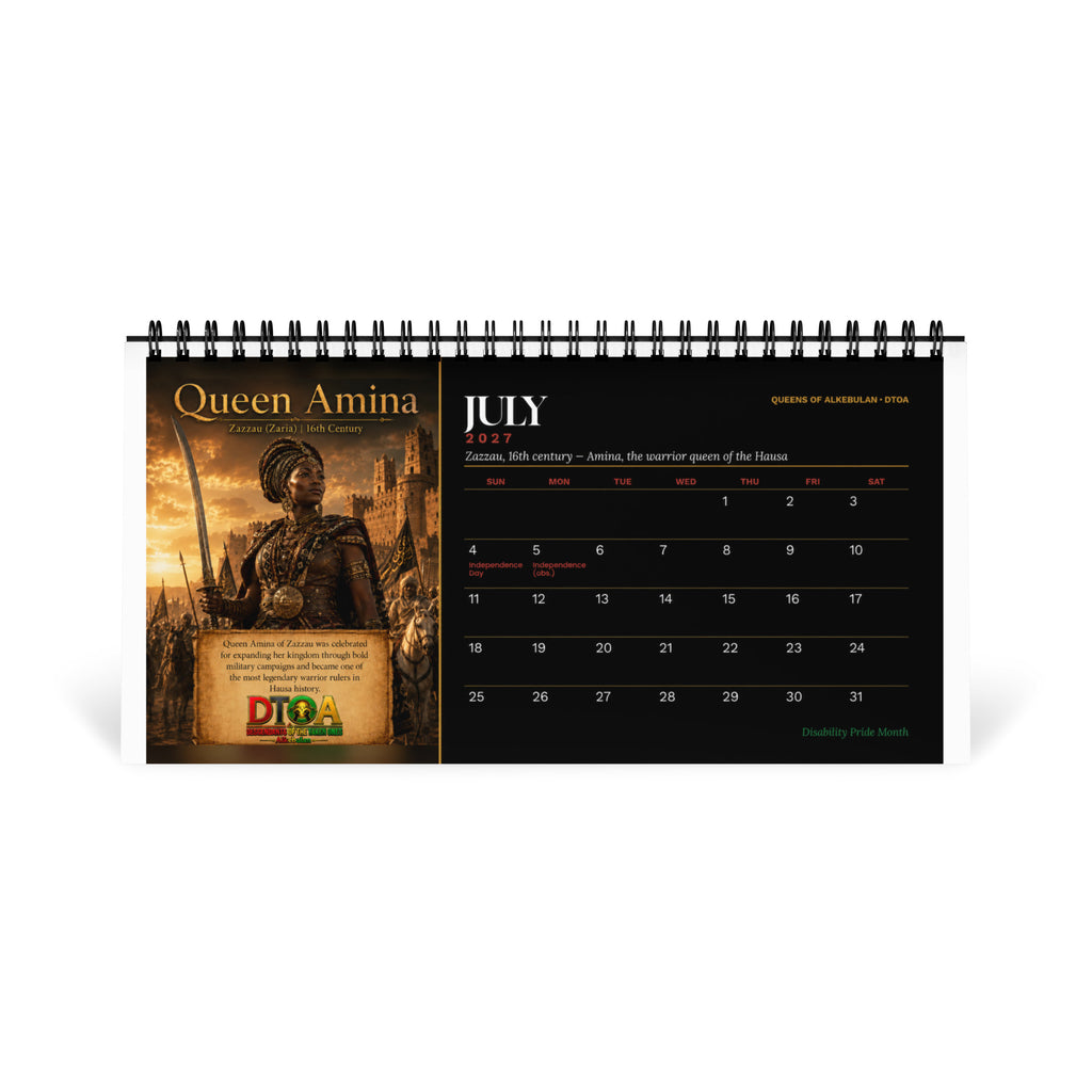 Queens of Alkebulan 2027 desktop calendar — July page featuring Queen Amina of Zazzau