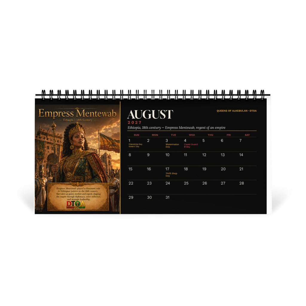 Queens of Alkebulan 2027 desktop calendar — August page featuring Empress Mentewab of Ethiopia