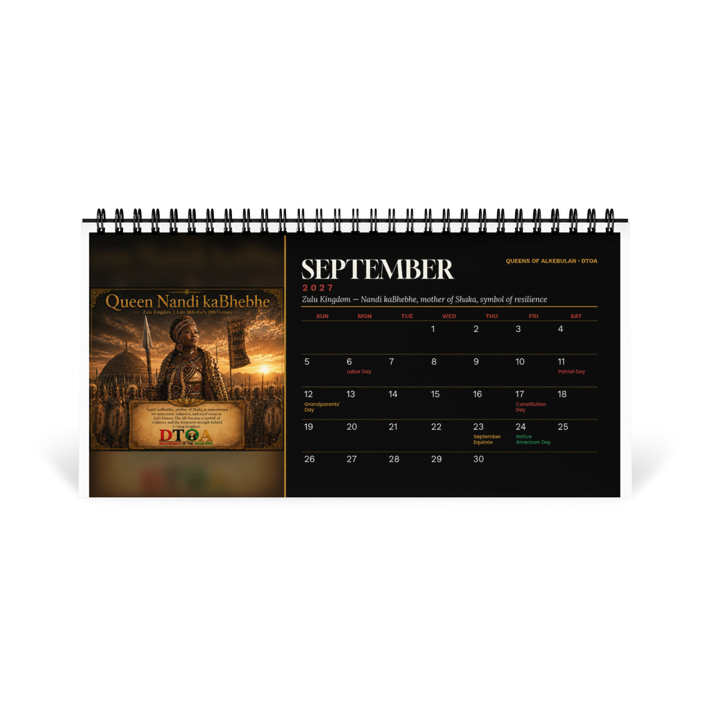 Queens of Alkebulan 2027 desktop calendar — September page featuring Queen Nandi kaBhebhe of the Zulu Kingdom