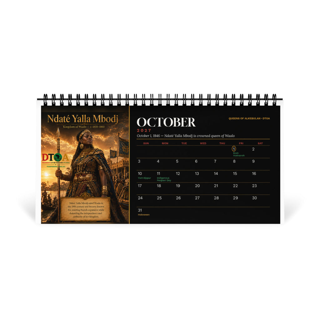 Queens of Alkebulan 2027 desktop calendar — October page featuring Ndaté Yalla Mbodj of the Kingdom of Waalo