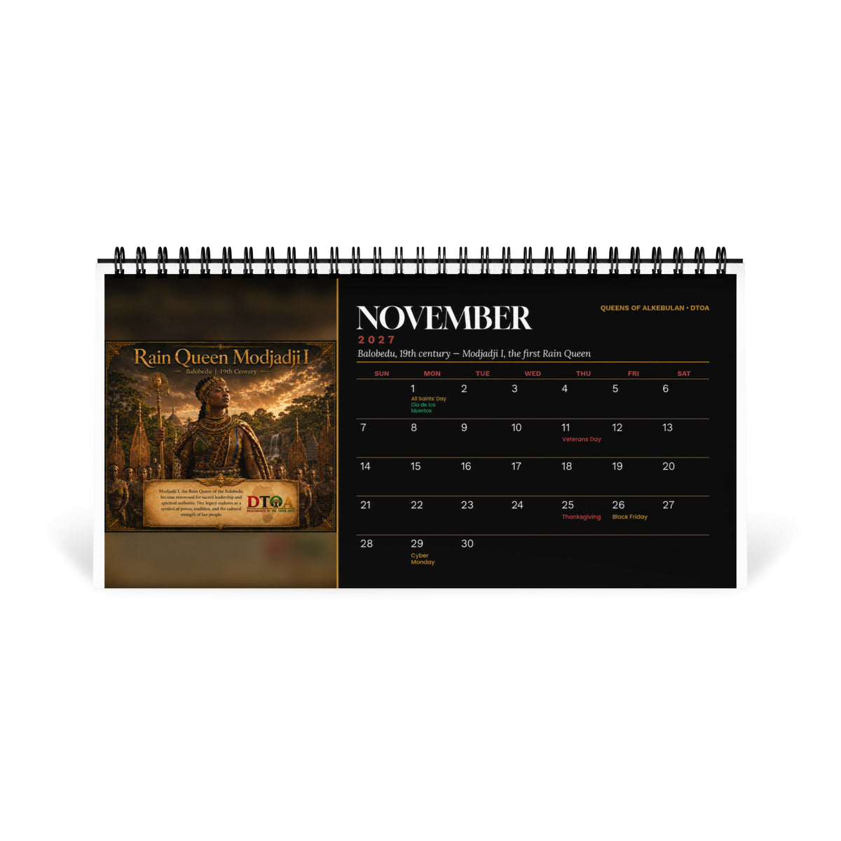 Queens of Alkebulan 2027 desktop calendar — November page featuring Rain Queen Modjadji I of the Balobedu