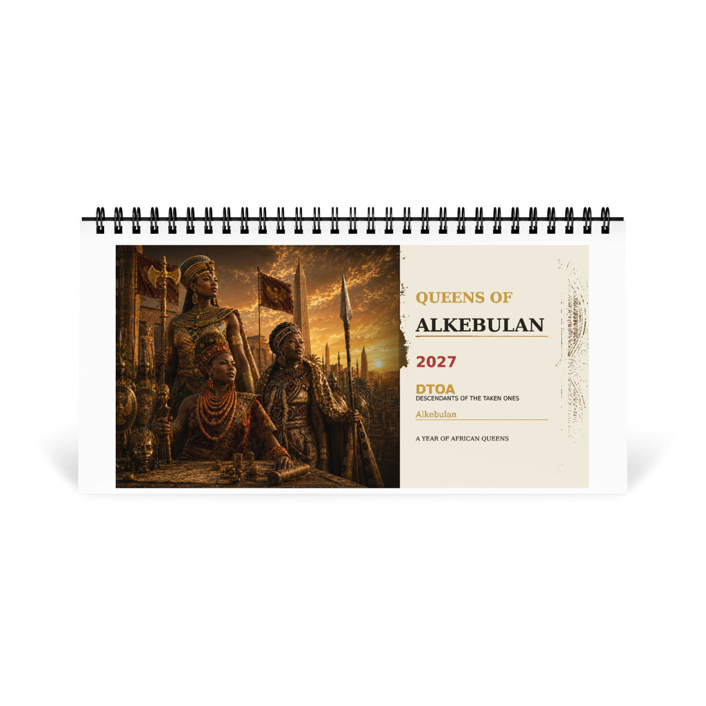 Queens of Alkebulan 2027 desktop calendar, Ivory Edition — front cover with three African queens