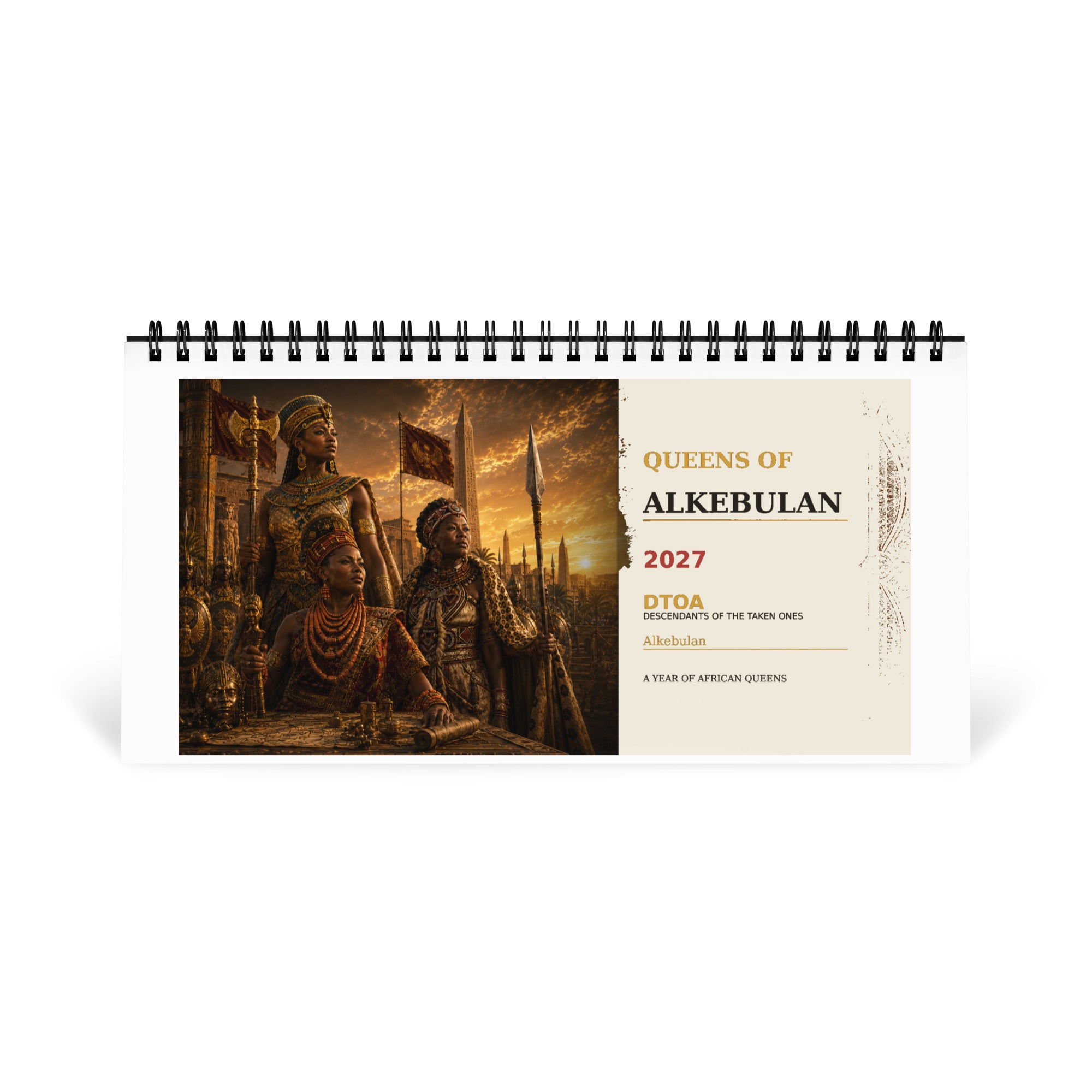 Queens of Alkebulan 2027 desktop calendar, Ivory Edition — front cover with three African queens