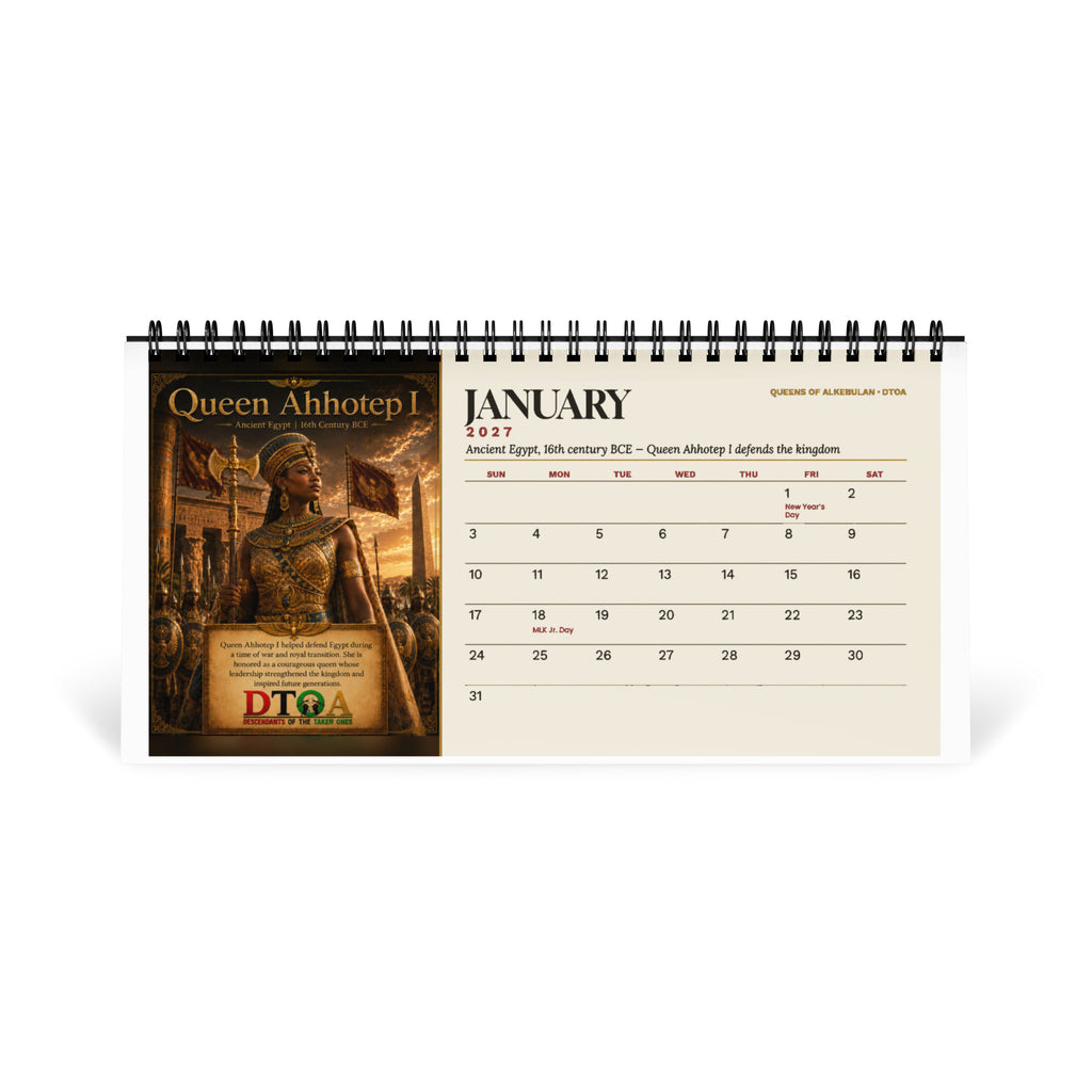 Queens of Alkebulan 2027 desktop calendar, Ivory Edition — January page featuring Queen Ahhotep I of Ancient Egypt