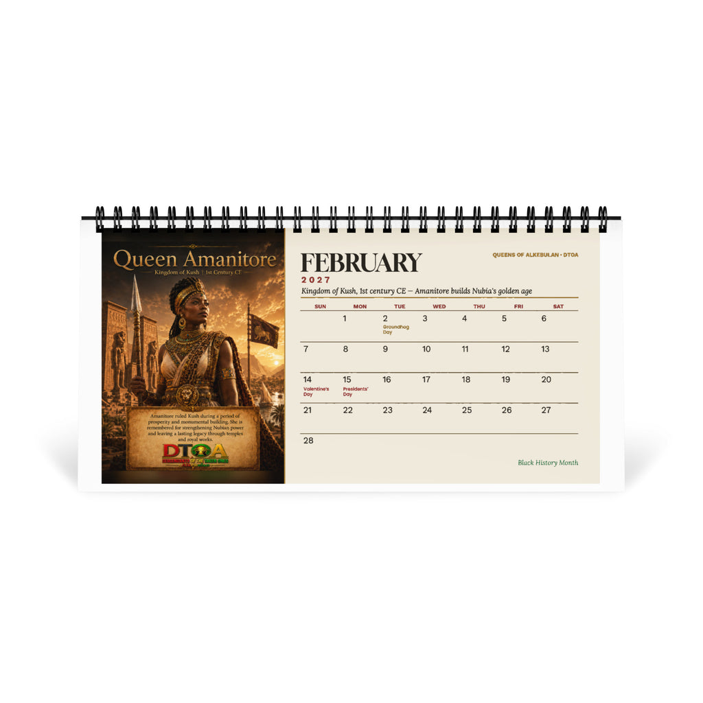 Queens of Alkebulan 2027 desktop calendar, Ivory Edition — February page featuring Queen Amanitore of the Kingdom of Kush