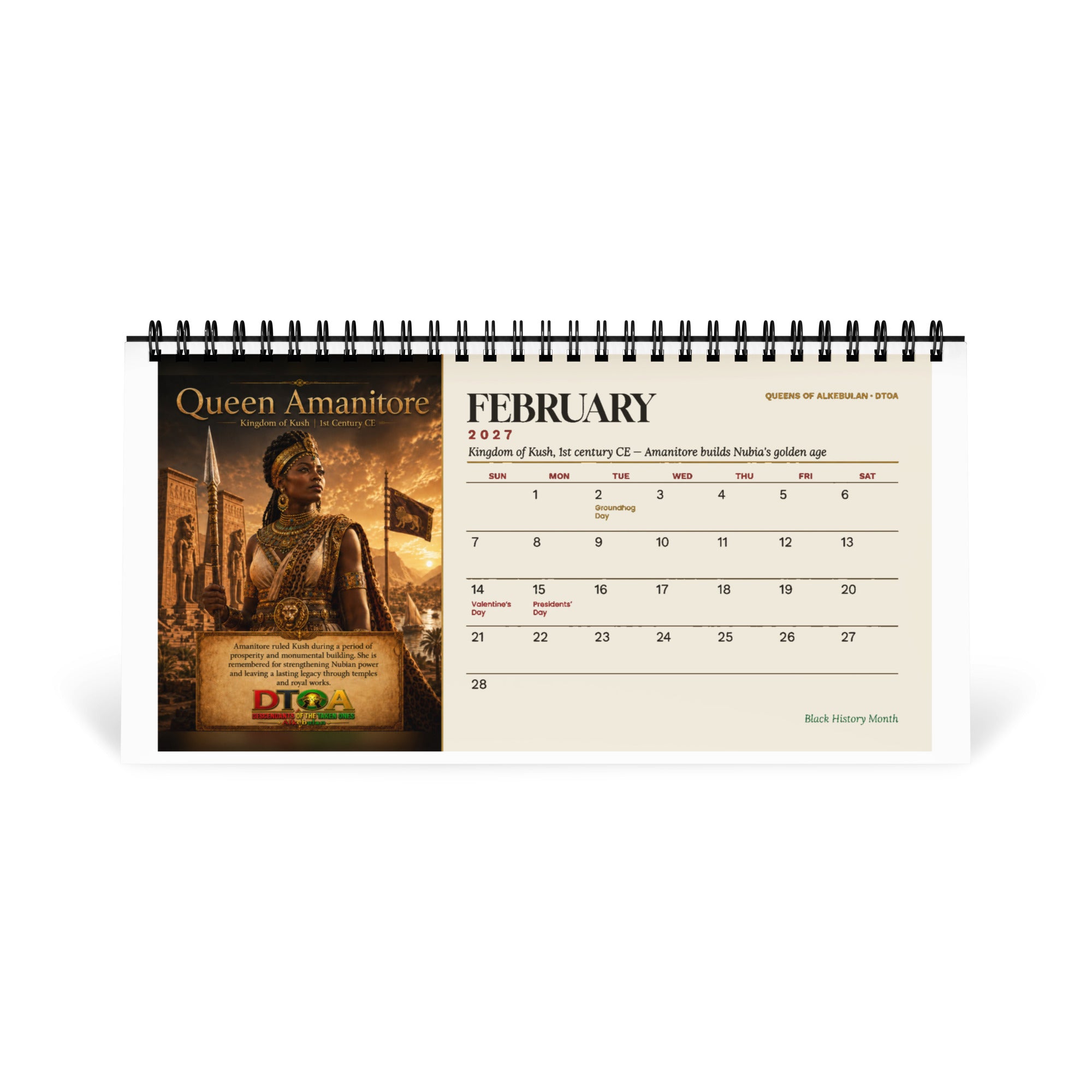 Queens of Alkebulan 2027 desktop calendar, Ivory Edition — February page featuring Queen Amanitore of the Kingdom of Kush