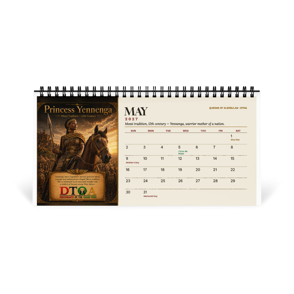 Queens of Alkebulan 2027 desktop calendar, Ivory Edition — May page featuring Princess Yennenga of Mossi tradition