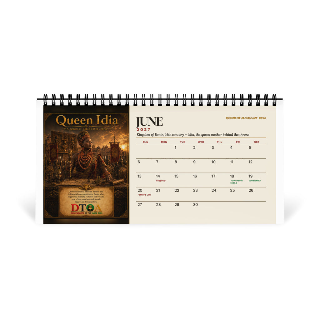 Queens of Alkebulan 2027 desktop calendar, Ivory Edition — June page featuring Queen Idia of the Kingdom of Benin