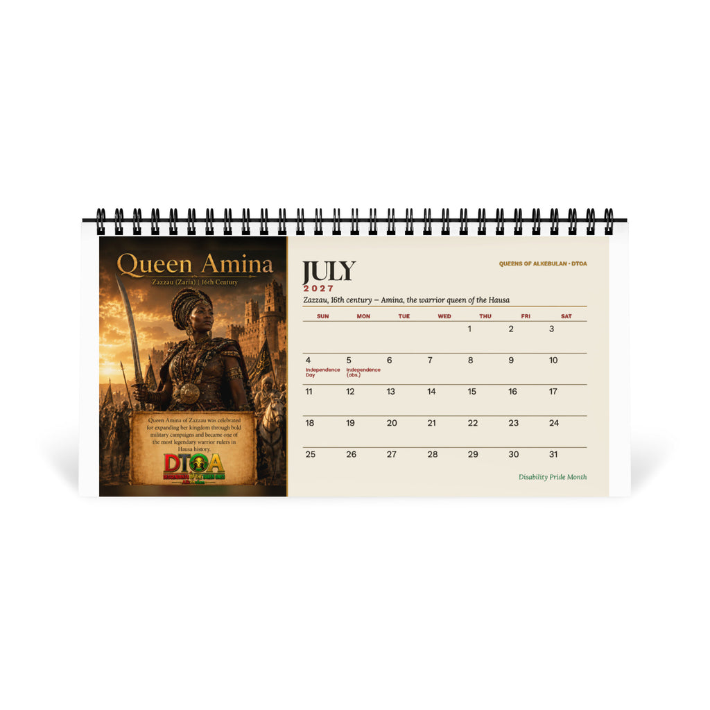 Queens of Alkebulan 2027 desktop calendar, Ivory Edition — July page featuring Queen Amina of Zazzau