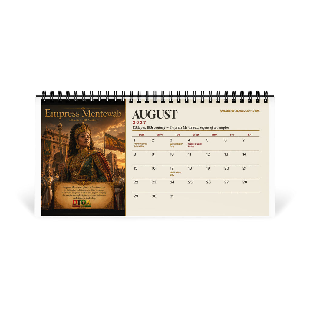 Queens of Alkebulan 2027 desktop calendar, Ivory Edition — August page featuring Empress Mentewab of Ethiopia