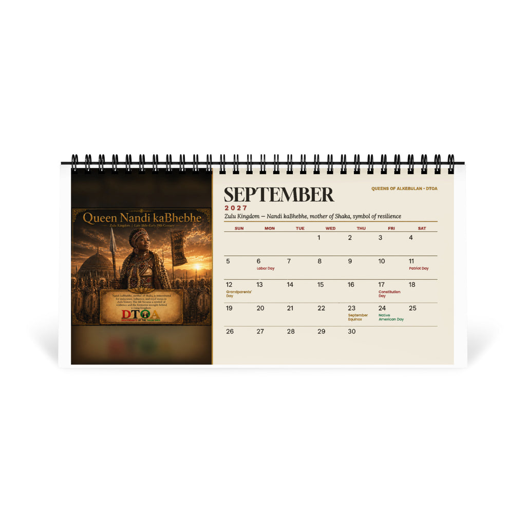 Queens of Alkebulan 2027 desktop calendar, Ivory Edition — September page featuring Queen Nandi kaBhebhe of the Zulu Kingdom