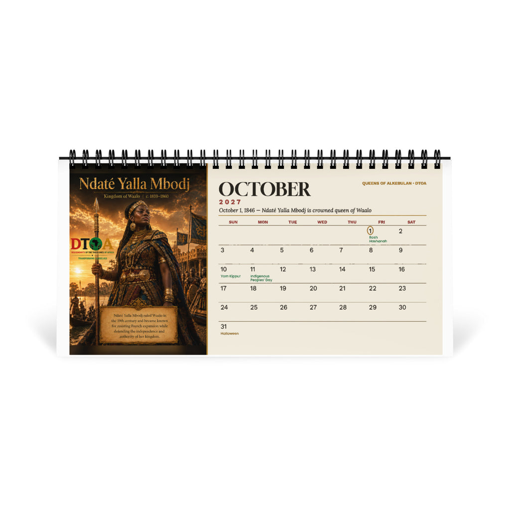 Queens of Alkebulan 2027 desktop calendar, Ivory Edition — October page featuring Ndaté Yalla Mbodj of the Kingdom of Waalo