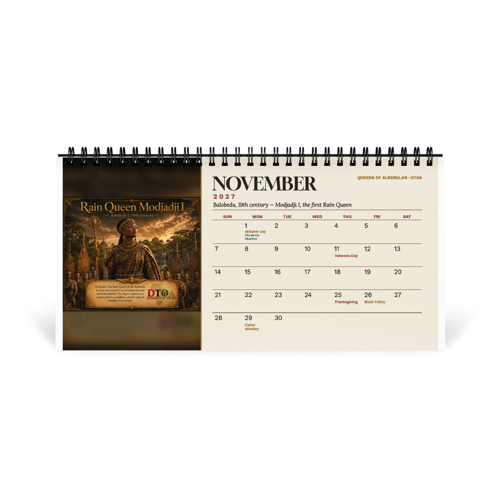Queens of Alkebulan 2027 desktop calendar, Ivory Edition — November page featuring Rain Queen Modjadji I of the Balobedu