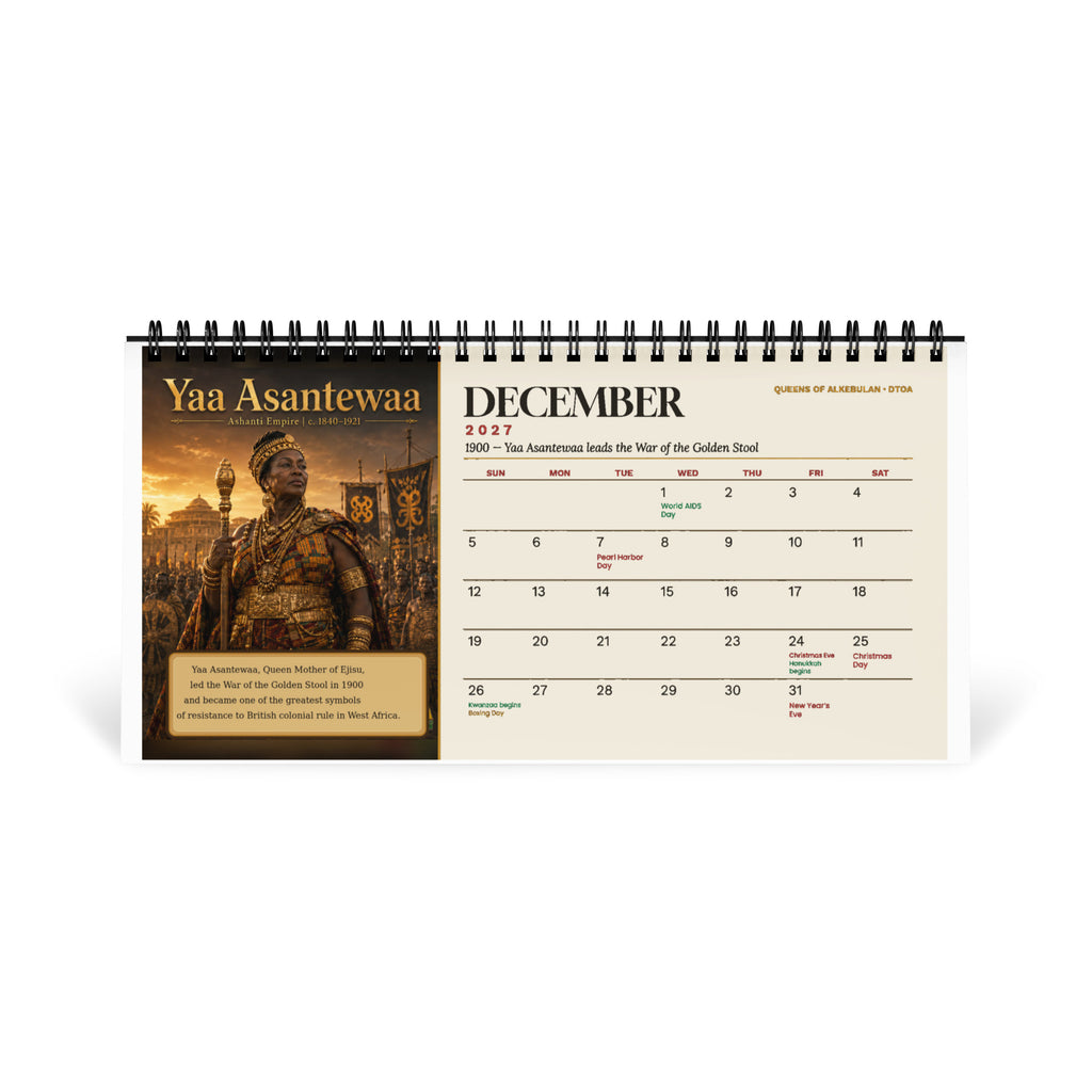 Queens of Alkebulan 2027 desktop calendar, Ivory Edition — December page featuring Yaa Asantewaa of the Ashanti Empire