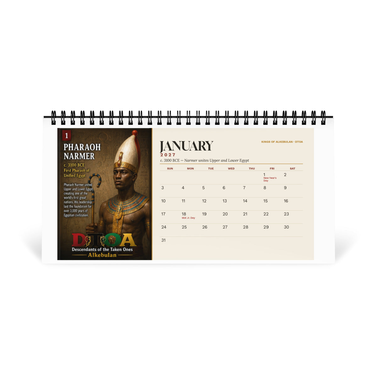 Kings of Alkebulan 2027 desktop calendar — January page featuring Pharaoh Narmer, who unified Upper and Lower Egypt
