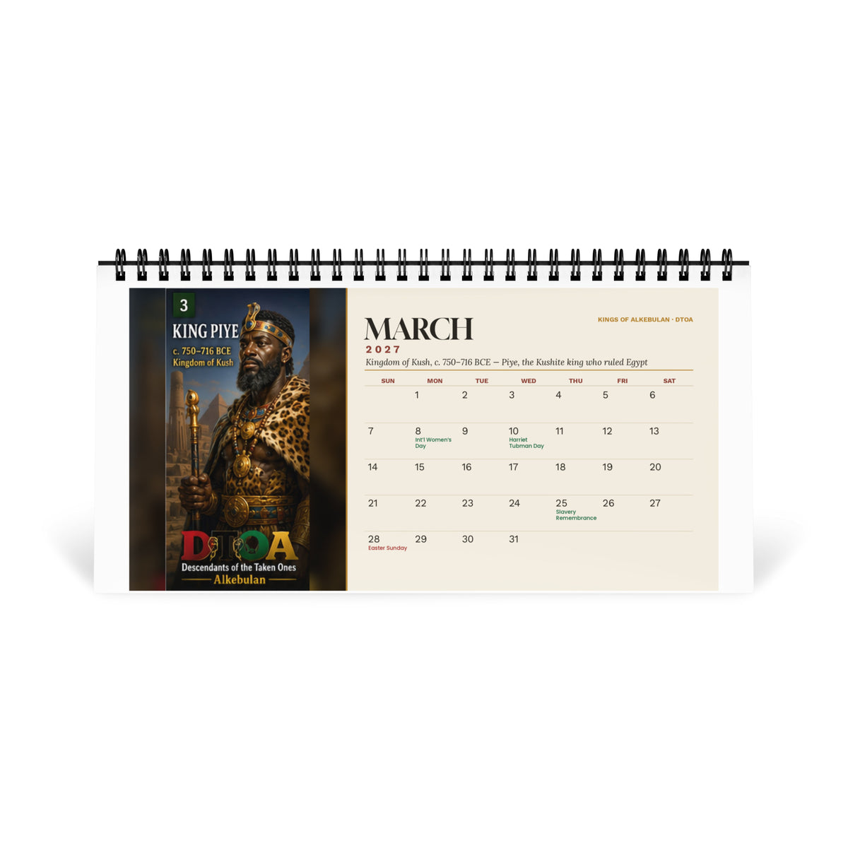 Kings of Alkebulan 2027 desktop calendar — March page featuring King Piye of Kush, who ruled Egypt as a Kushite pharaoh