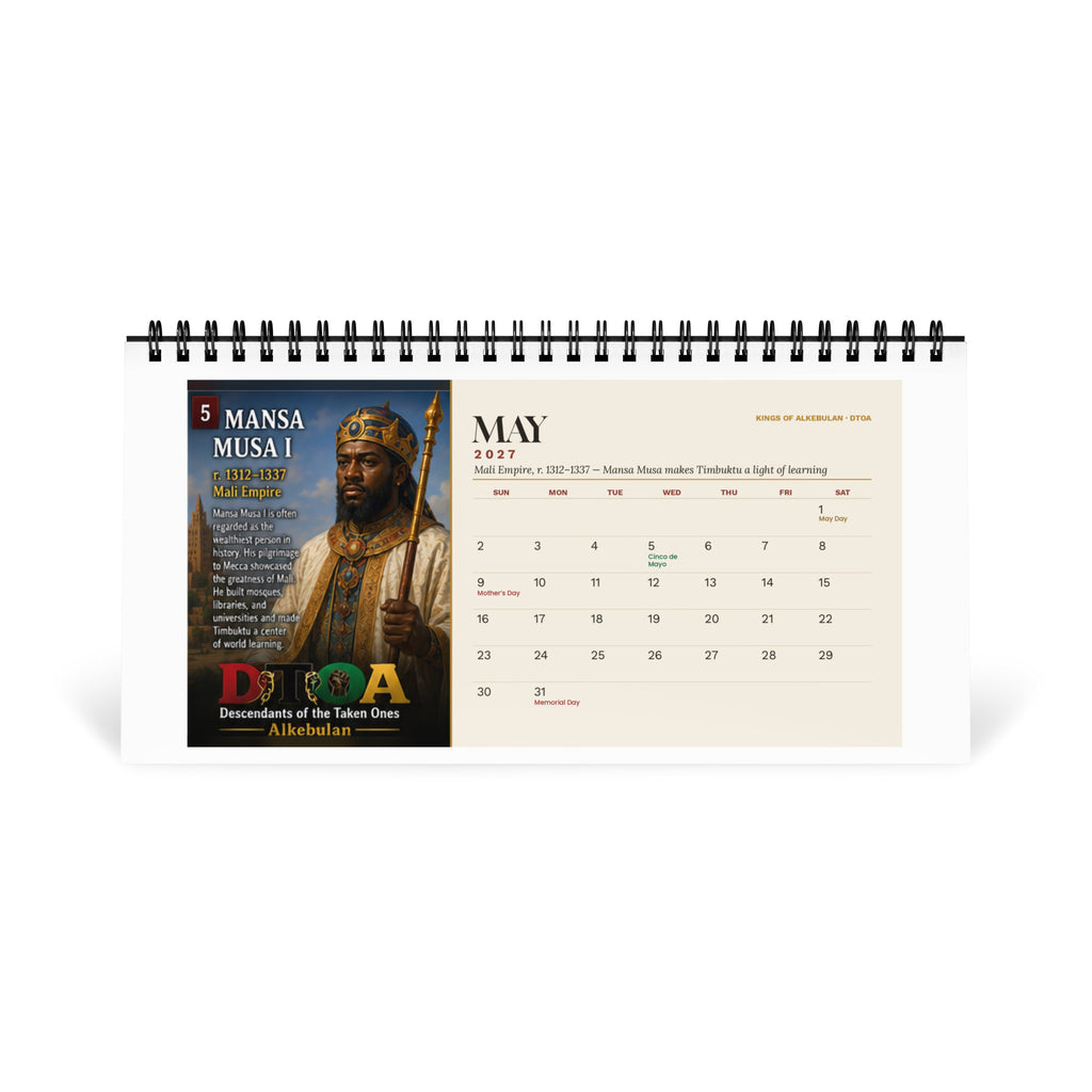 Kings of Alkebulan 2027 desktop calendar — May page featuring Mansa Musa I of the Mali Empire