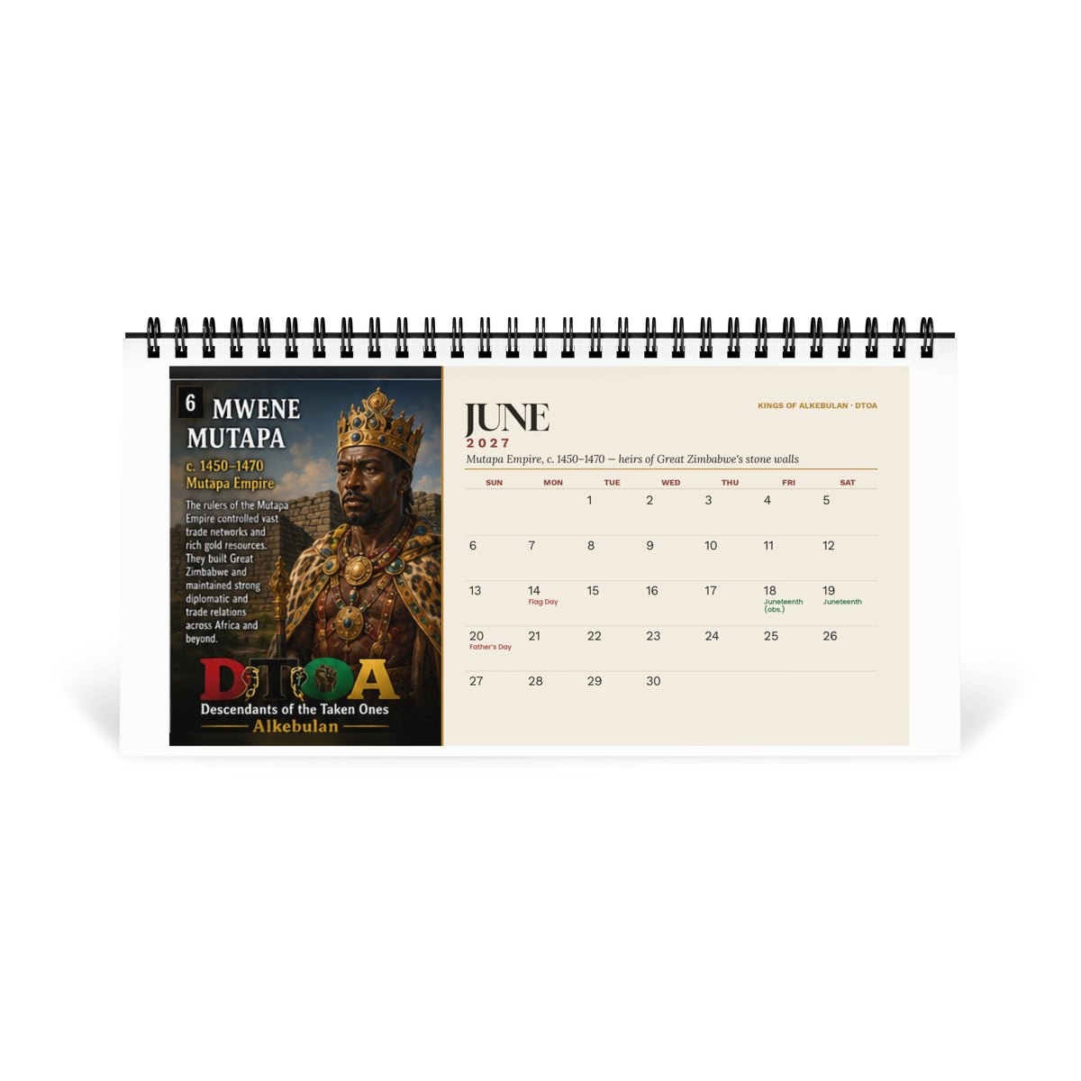 Kings of Alkebulan 2027 desktop calendar — June page featuring the Mwene Mutapa of the Mutapa Empire
