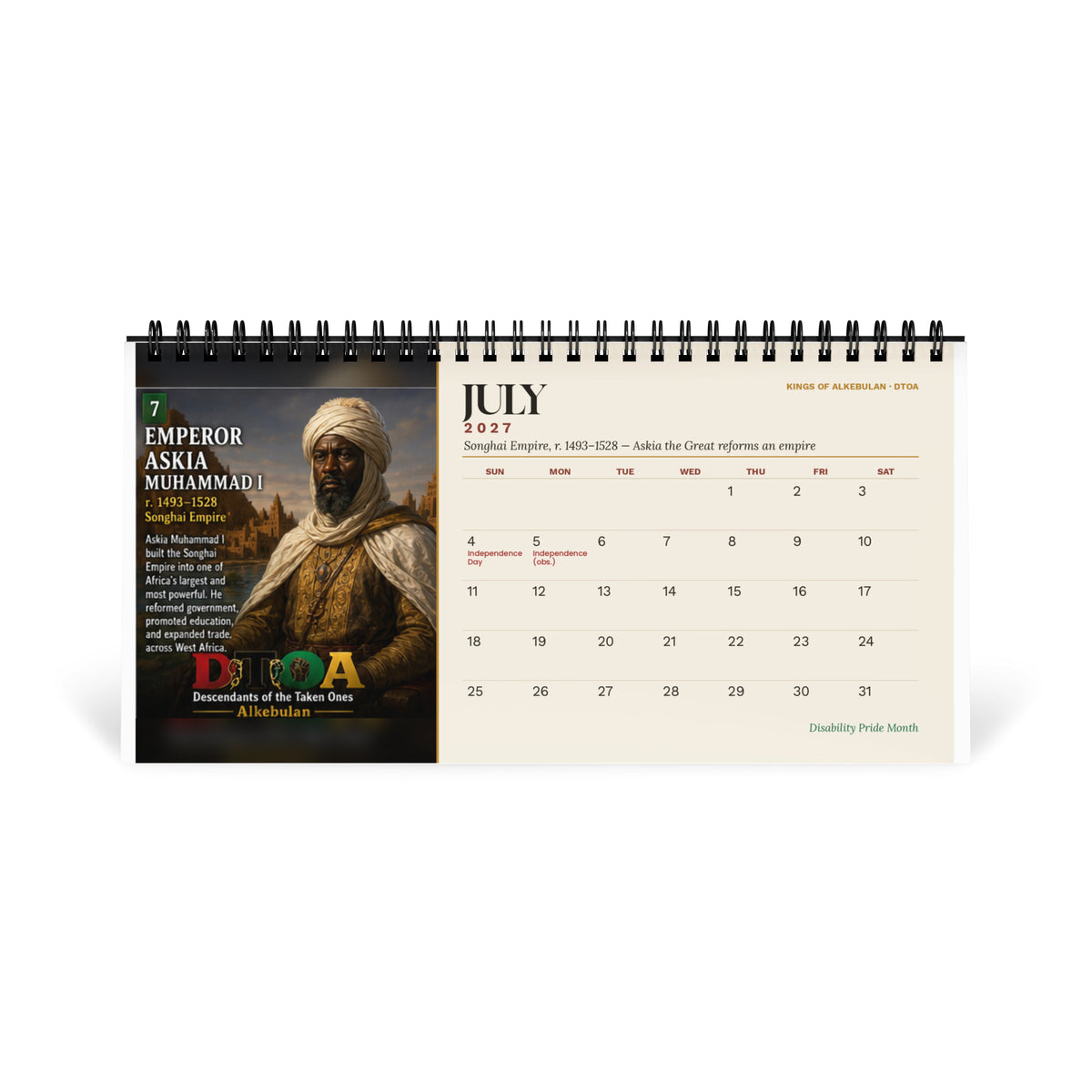 Kings of Alkebulan 2027 desktop calendar — July page featuring Emperor Askia Muhammad I of Songhai