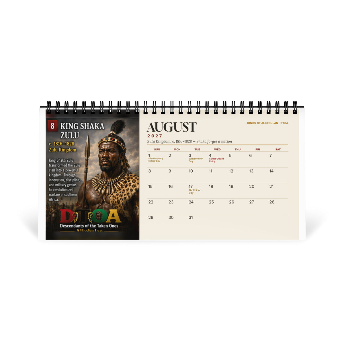 Kings of Alkebulan 2027 desktop calendar — August page featuring King Shaka Zulu, who forged the Zulu kingdom