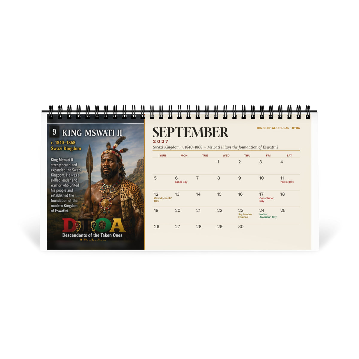 Kings of Alkebulan 2027 desktop calendar — September page featuring King Mswati II of the Swazi Kingdom