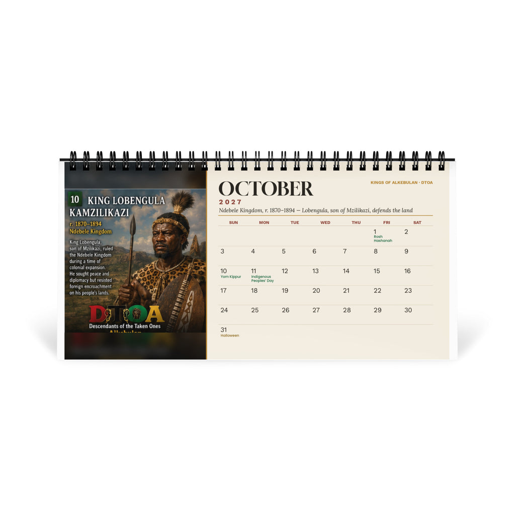 Kings of Alkebulan 2027 desktop calendar — October page featuring King Lobengula Kamzilikazi of the Ndebele