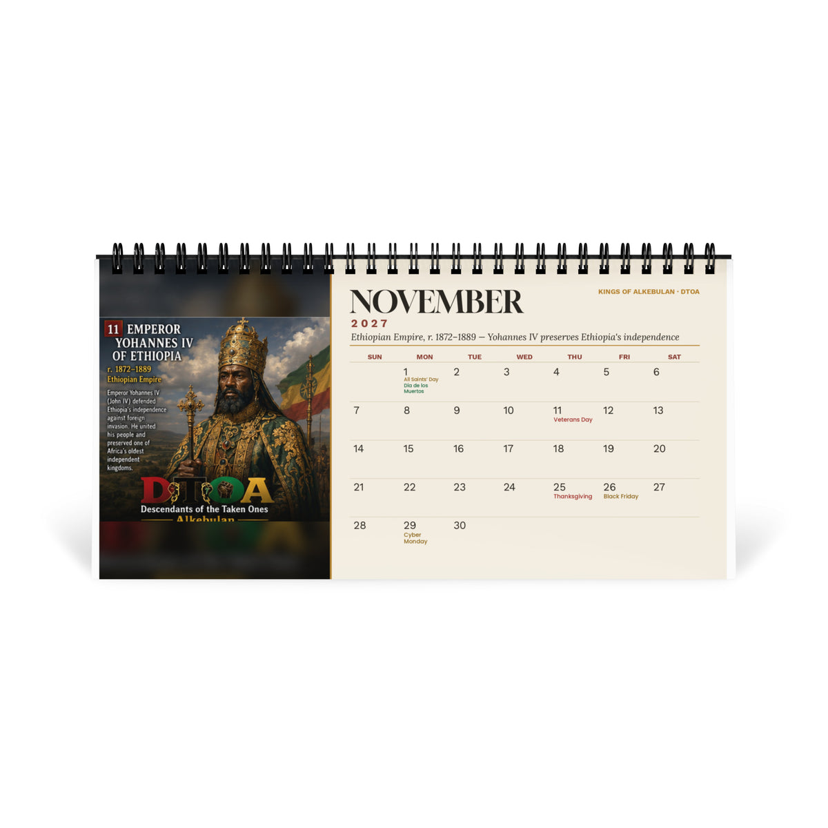 Kings of Alkebulan 2027 desktop calendar — November page featuring Emperor Yohannes IV of Ethiopia