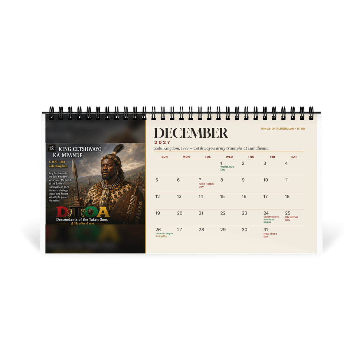Kings of Alkebulan 2027 desktop calendar — December page featuring King Cetshwayo kaMpande of the Zulu Kingdom