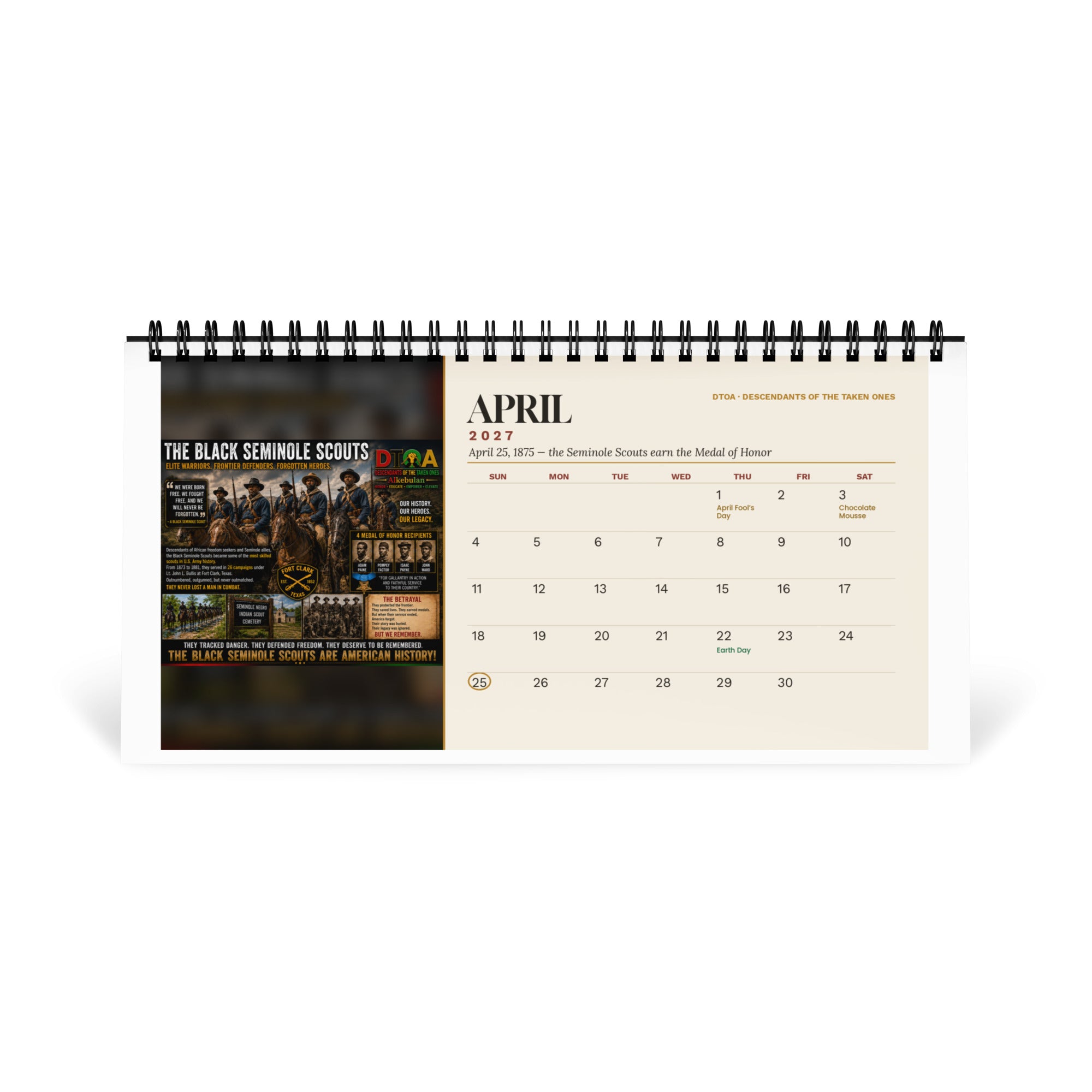 American Legends 2027 desktop calendar — April page featuring the Black Seminole Scouts, Medal of Honor recipients