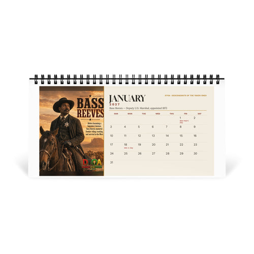 American Legends 2027 desktop calendar — January page featuring Bass Reeves, the first Black deputy U.S. Marshal west of the Mississippi
