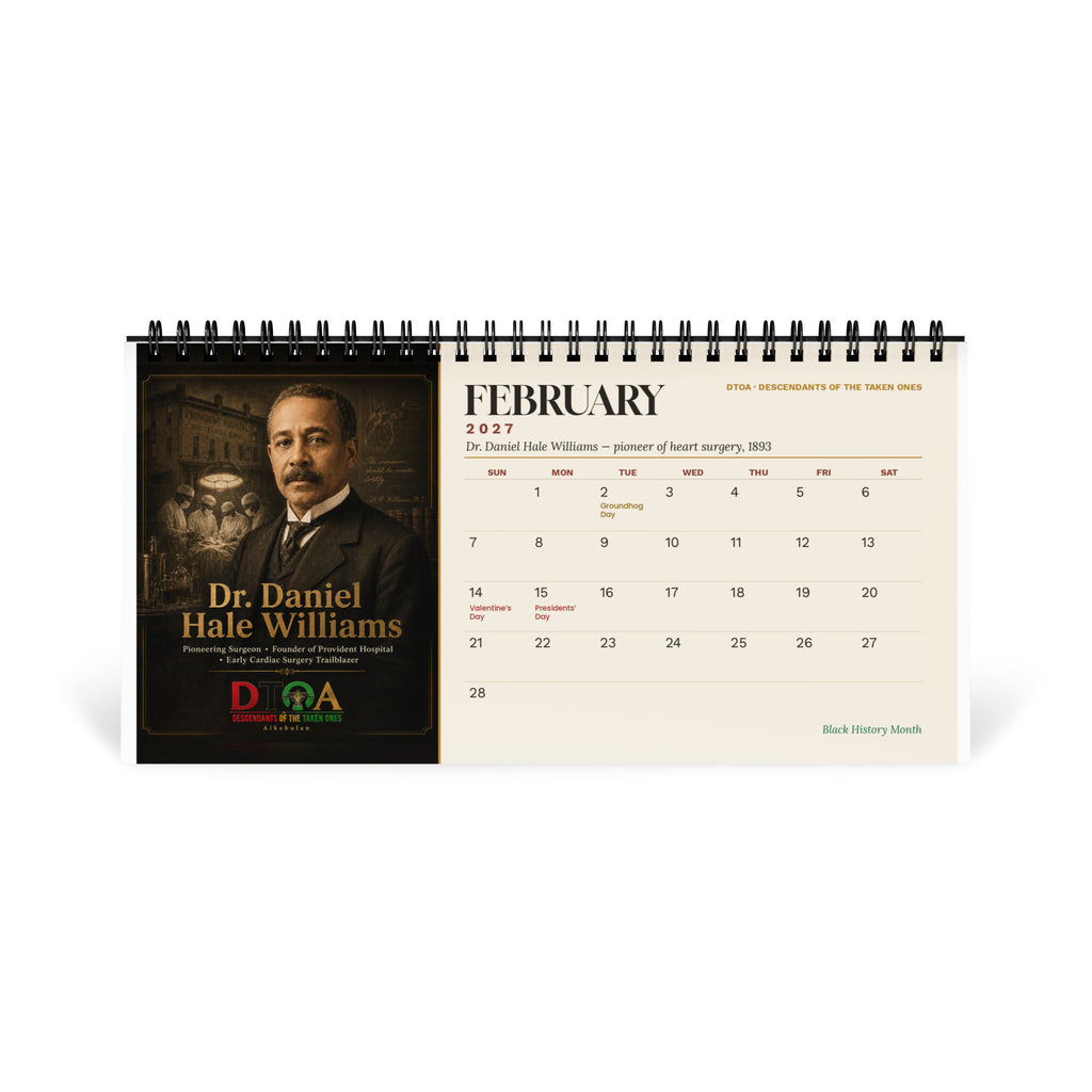 American Legends 2027 desktop calendar — February page featuring Dr. Daniel Hale Williams, pioneer of open-heart surgery