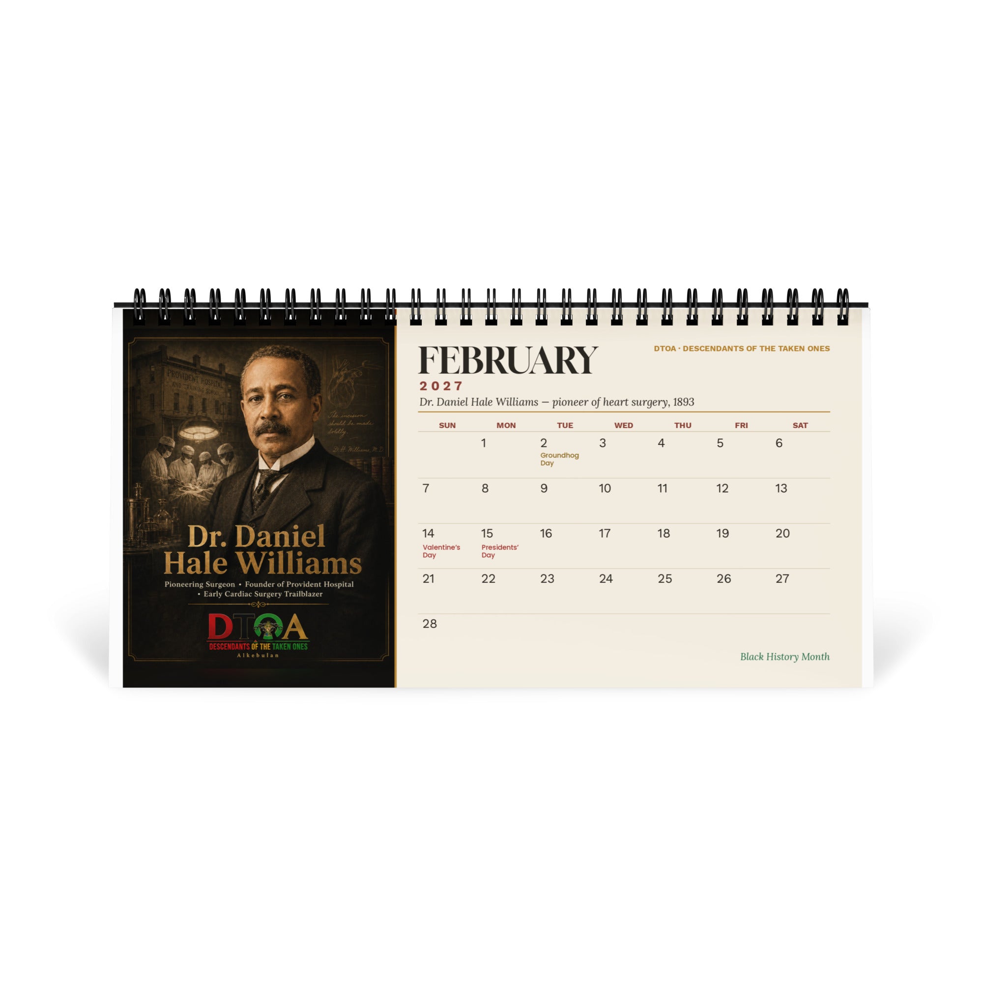 American Legends 2027 desktop calendar — February page featuring Dr. Daniel Hale Williams, pioneer of open-heart surgery