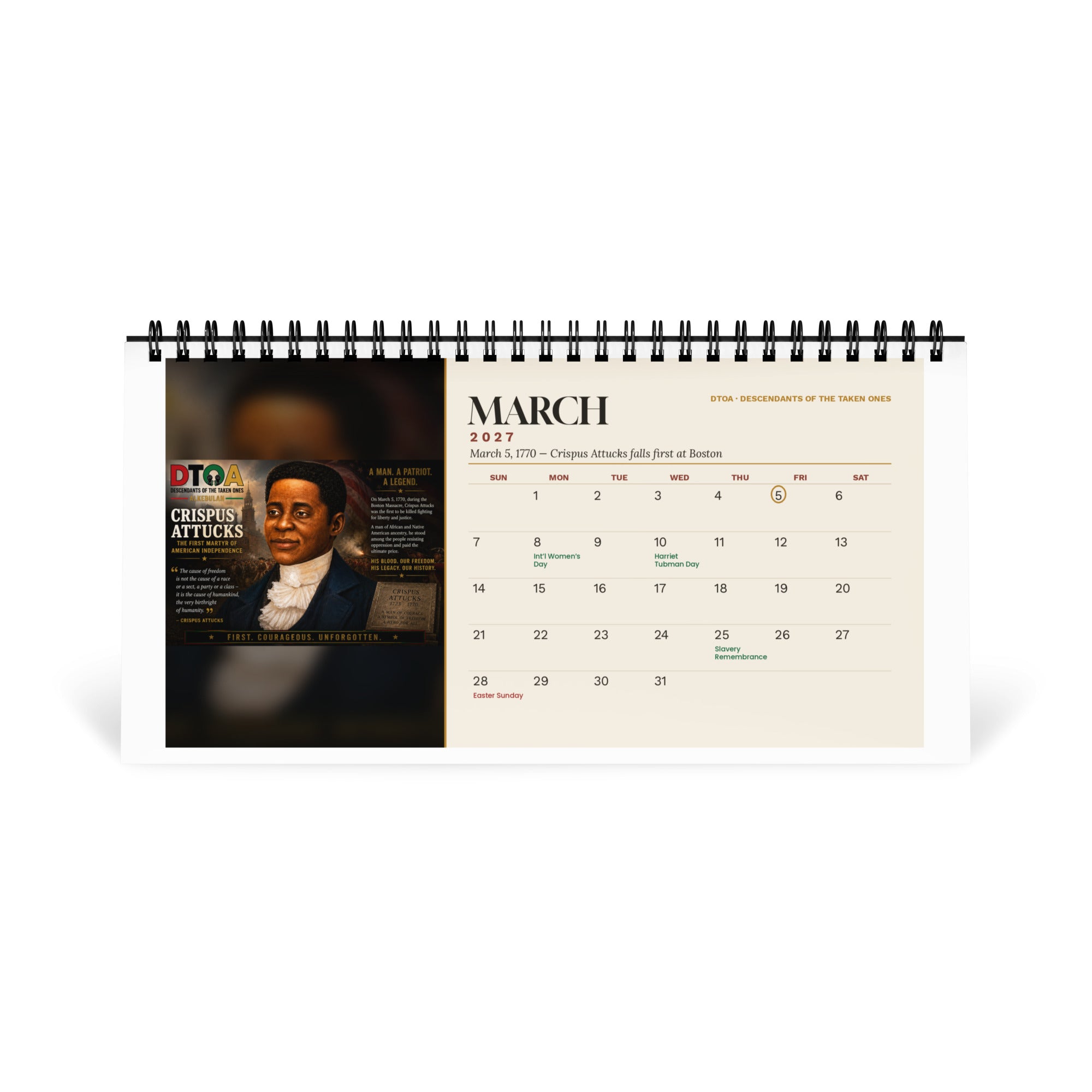 American Legends 2027 desktop calendar — March page featuring Crispus Attucks, the first martyr of American independence