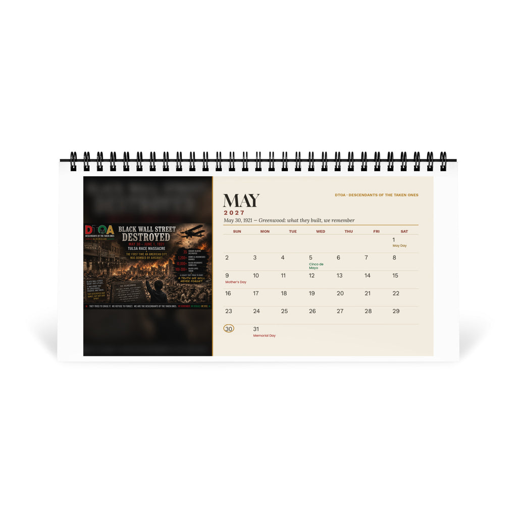 American Legends 2027 desktop calendar — May page marking the destruction of Black Wall Street in the 1921 Tulsa Race Massacre
