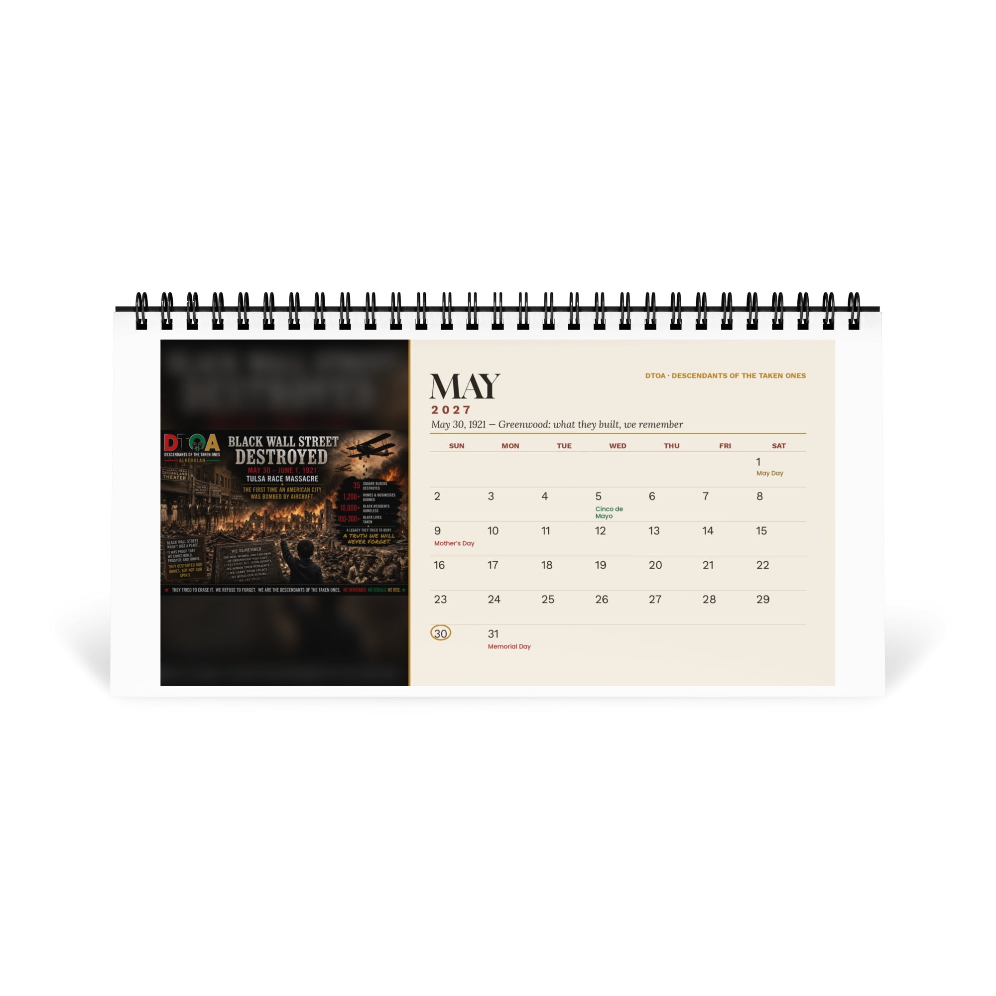 American Legends 2027 desktop calendar — May page marking the destruction of Black Wall Street in the 1921 Tulsa Race Massacre